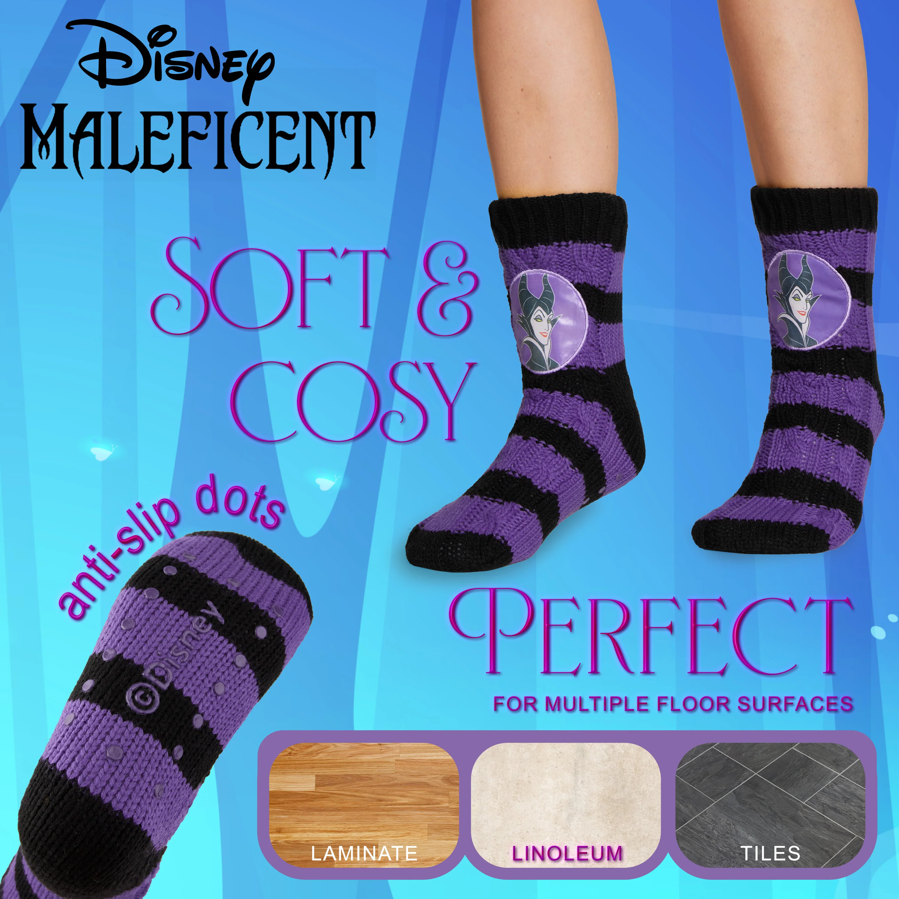Disney Stitch Fluffy Socks for Women - Black & Purple Maleficent - Image 4