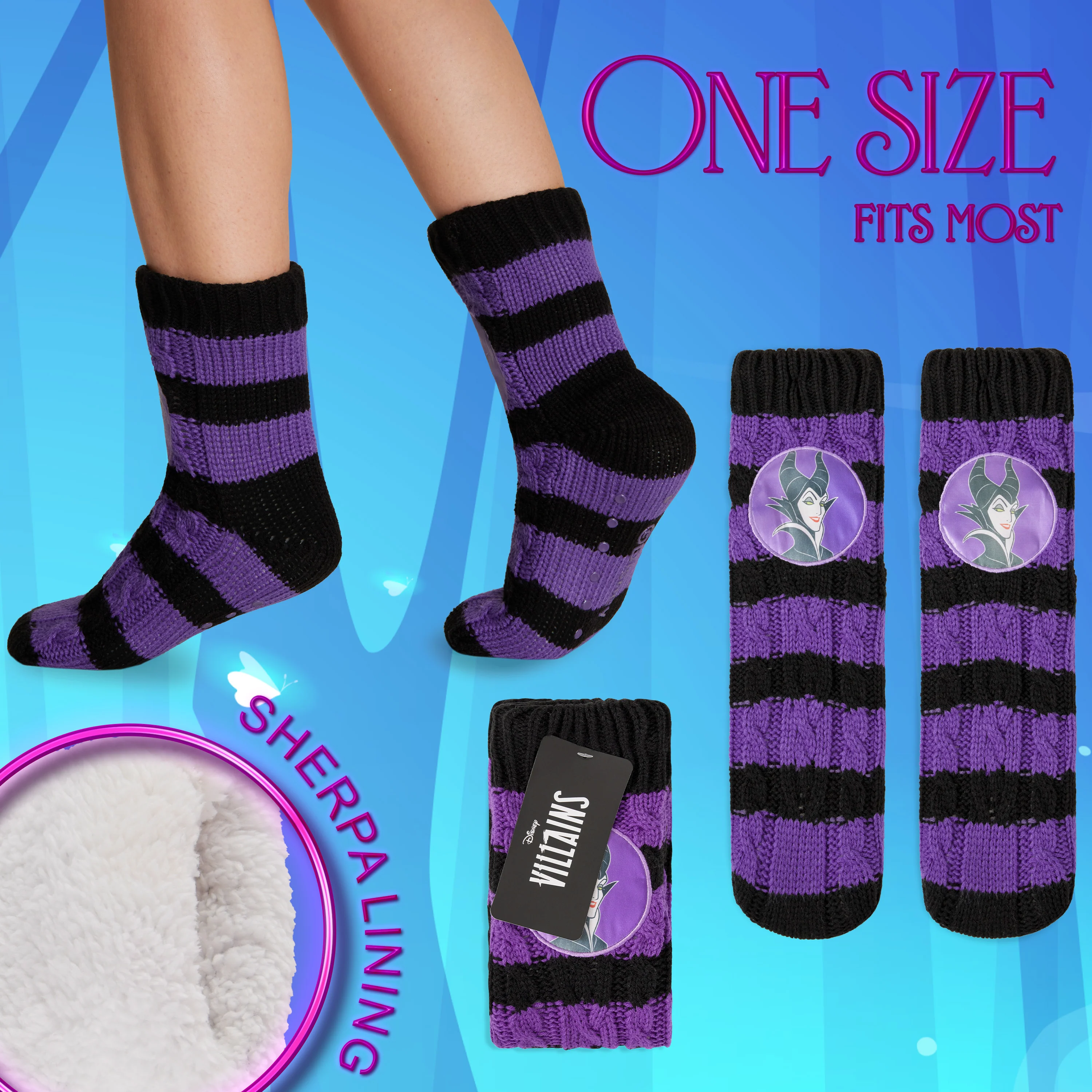 Disney Stitch Fluffy Socks for Women - Black & Purple Maleficent - Image 6