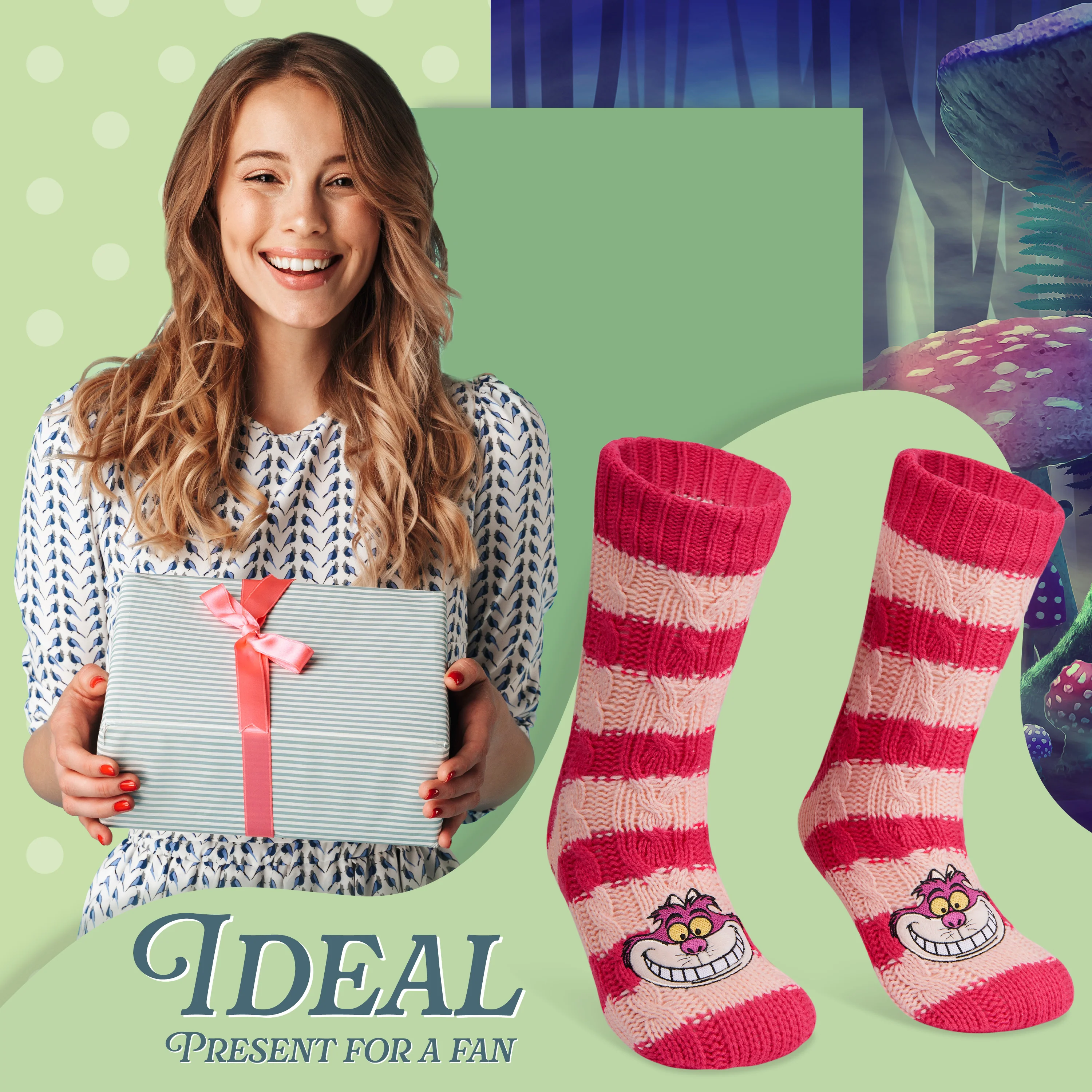 Disney Stitch Fluffy Socks for Women - Dark Pink Cheshire Cat - Image 3