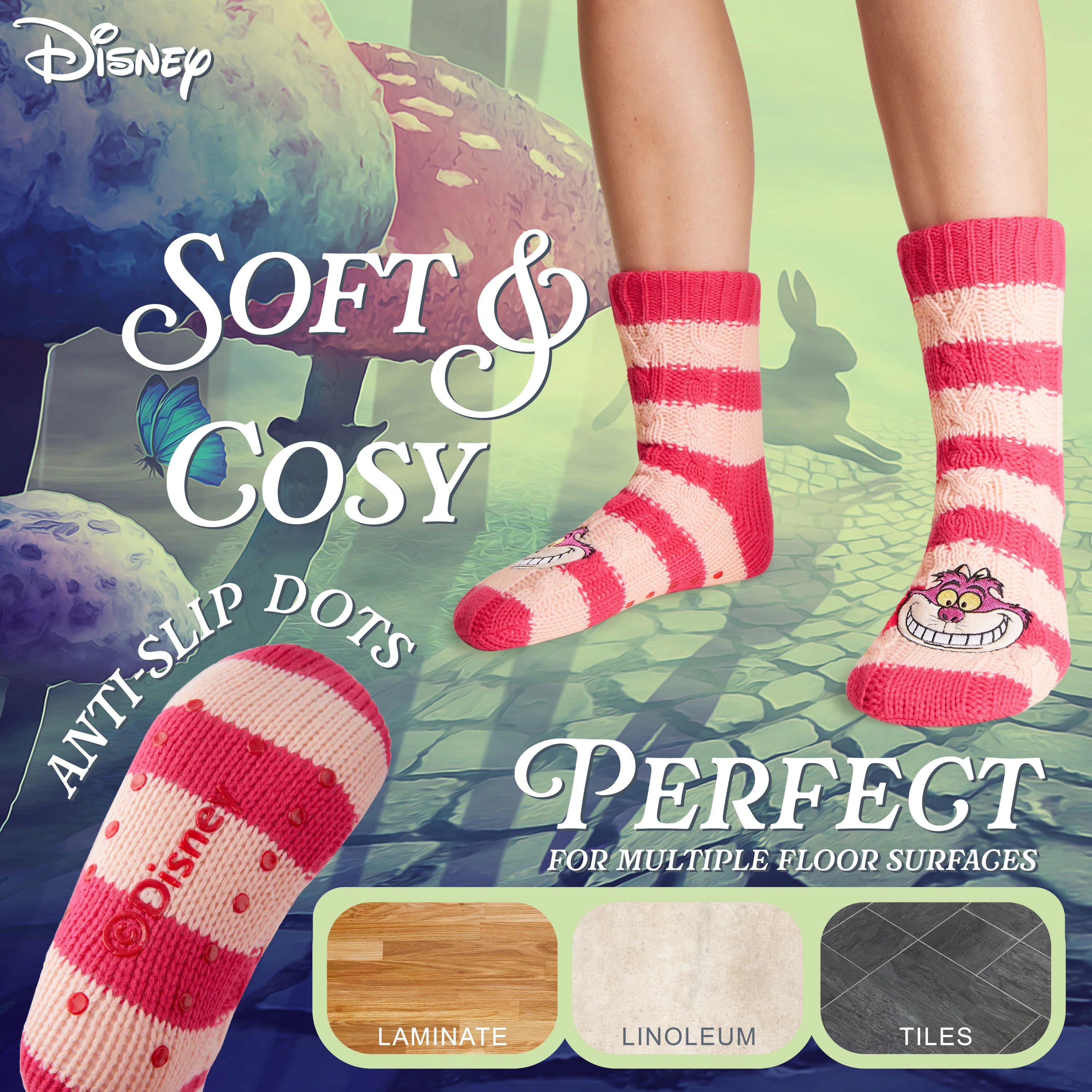 Disney Stitch Fluffy Socks for Women - Dark Pink Cheshire Cat - Image 4