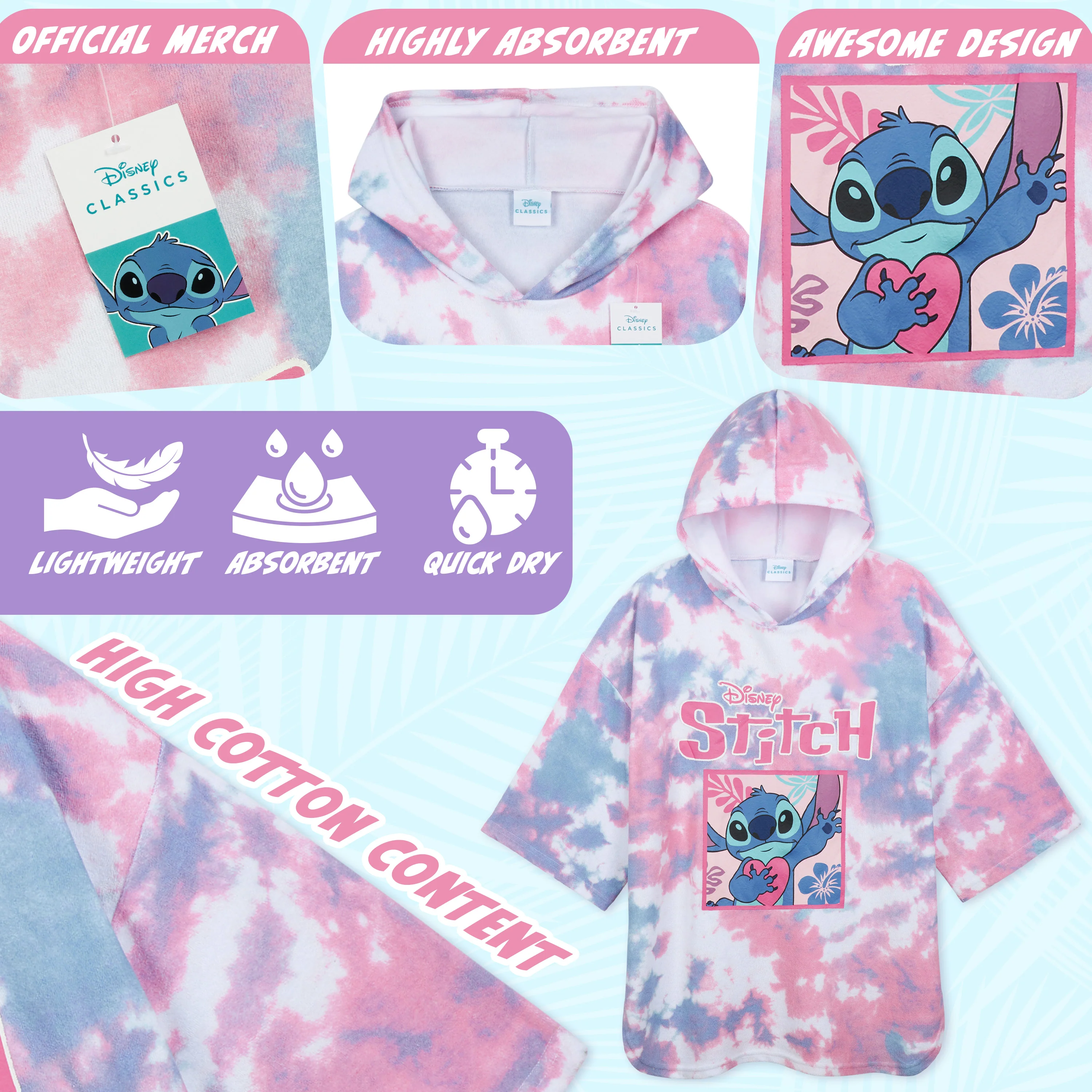 Disney Stitch for Kids & Teenagers Absorbent Changing Robe Poncho (10-13 Years) - Image 4