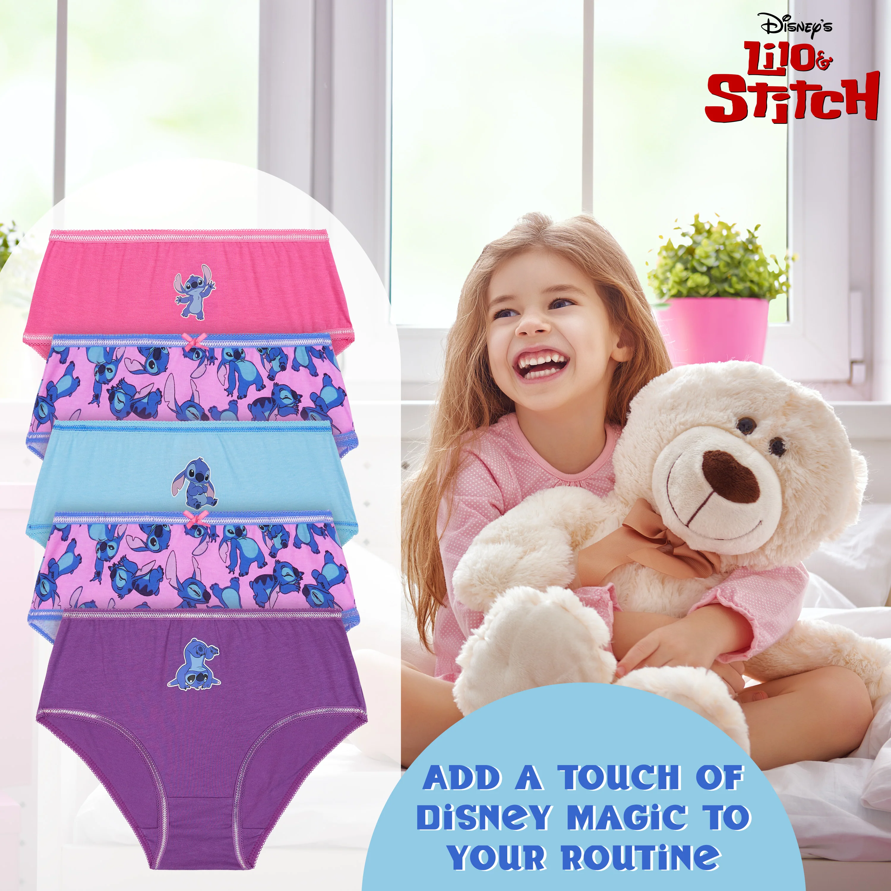 Disney Stitch Girls Knickers, Comfy Breathable Cotton Underwear for Kids - Pack of 5 - Image 4