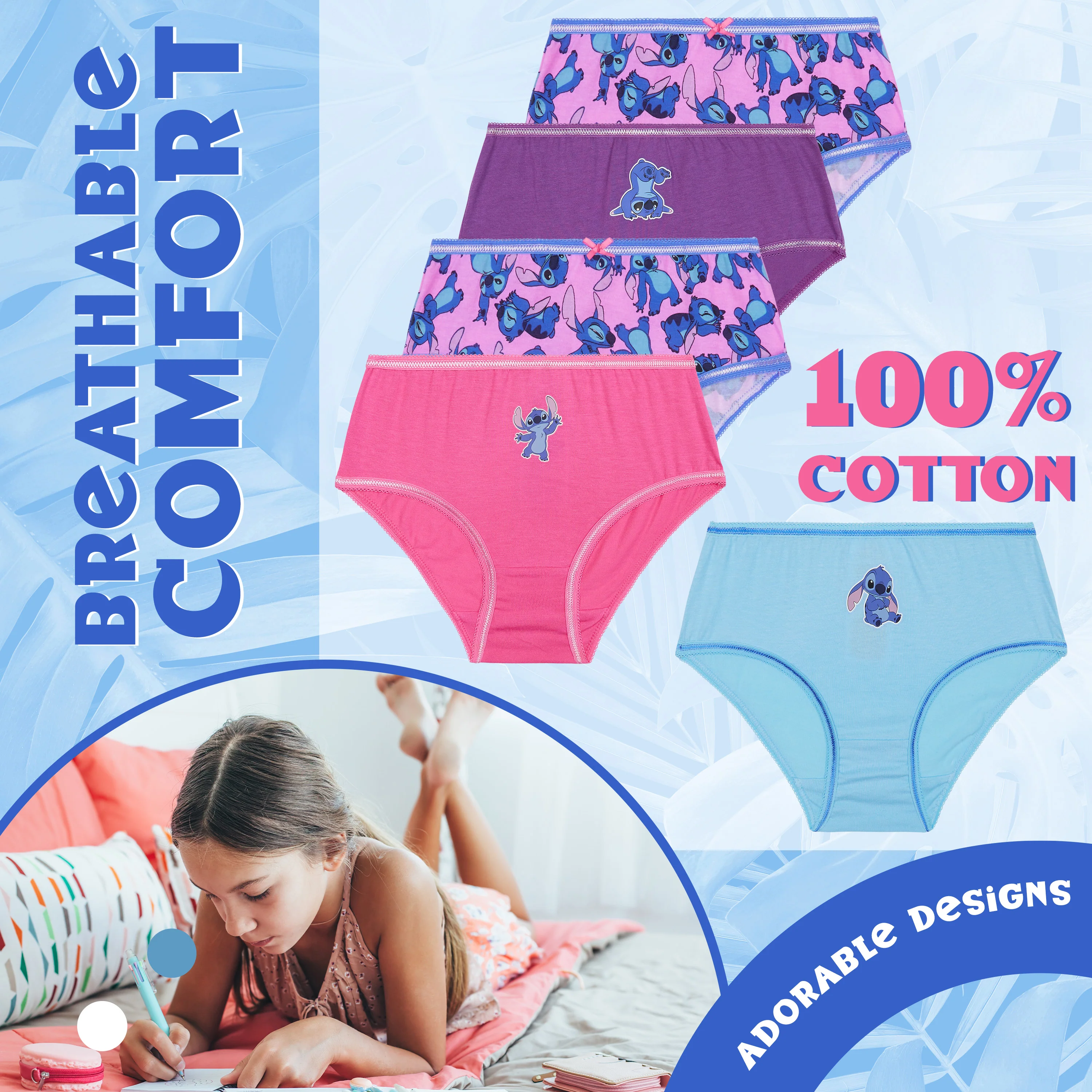Disney Stitch Girls Knickers, Comfy Breathable Cotton Underwear for Kids - Pack of 5 - Image 5