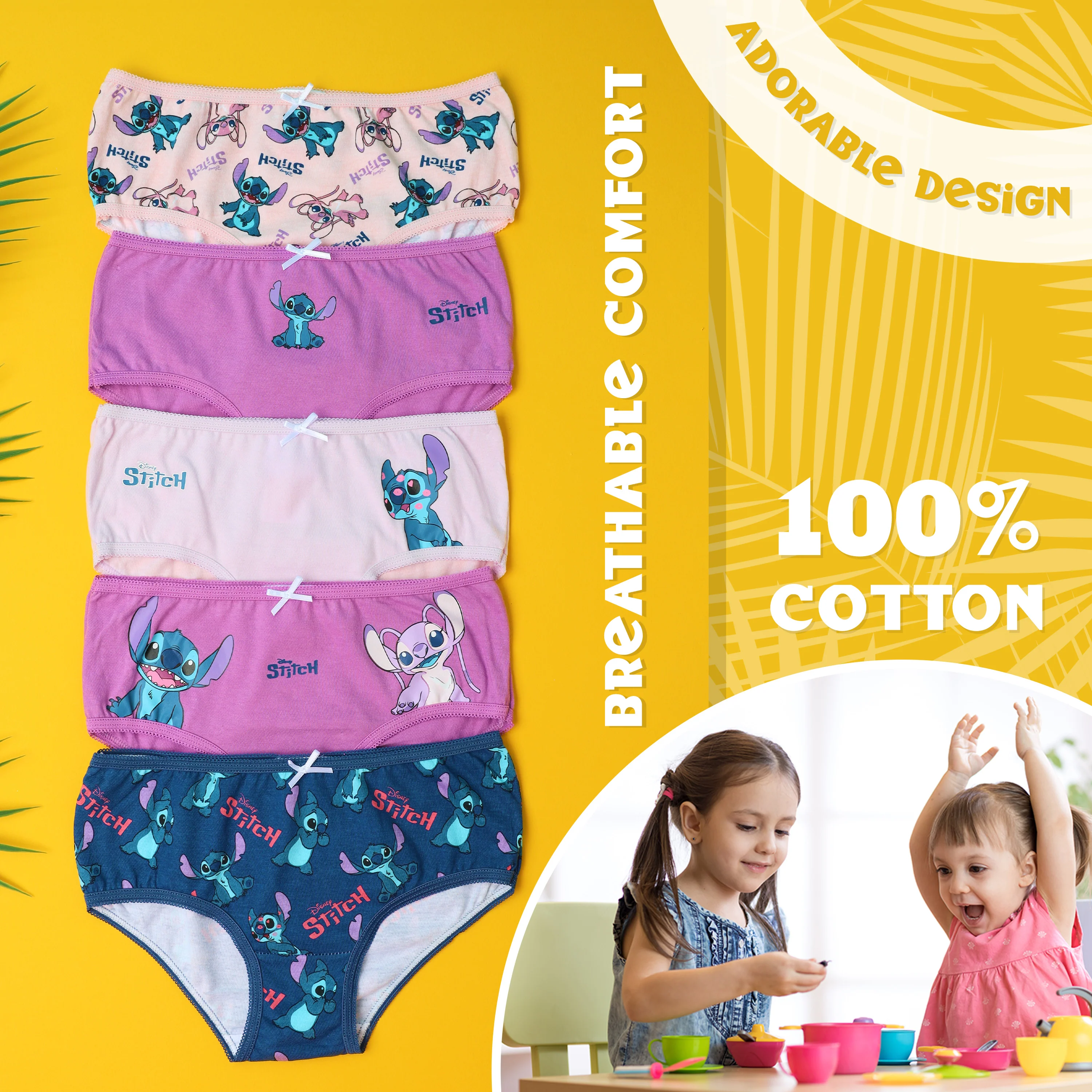 Disney Stitch Girls Knickers, Comfy Breathable Cotton Underwear for Kids - Pack of 5 - Image 5