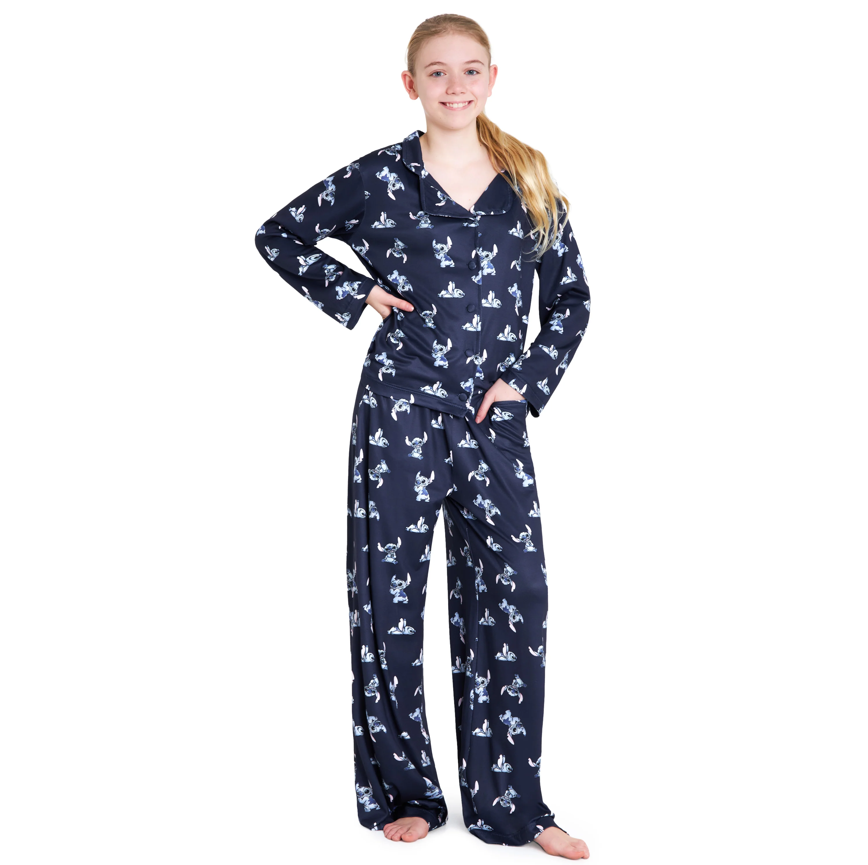 Disney Stitch Girls PJs for Kids- 2 Piece Long Girls Pyjamas - NAVY