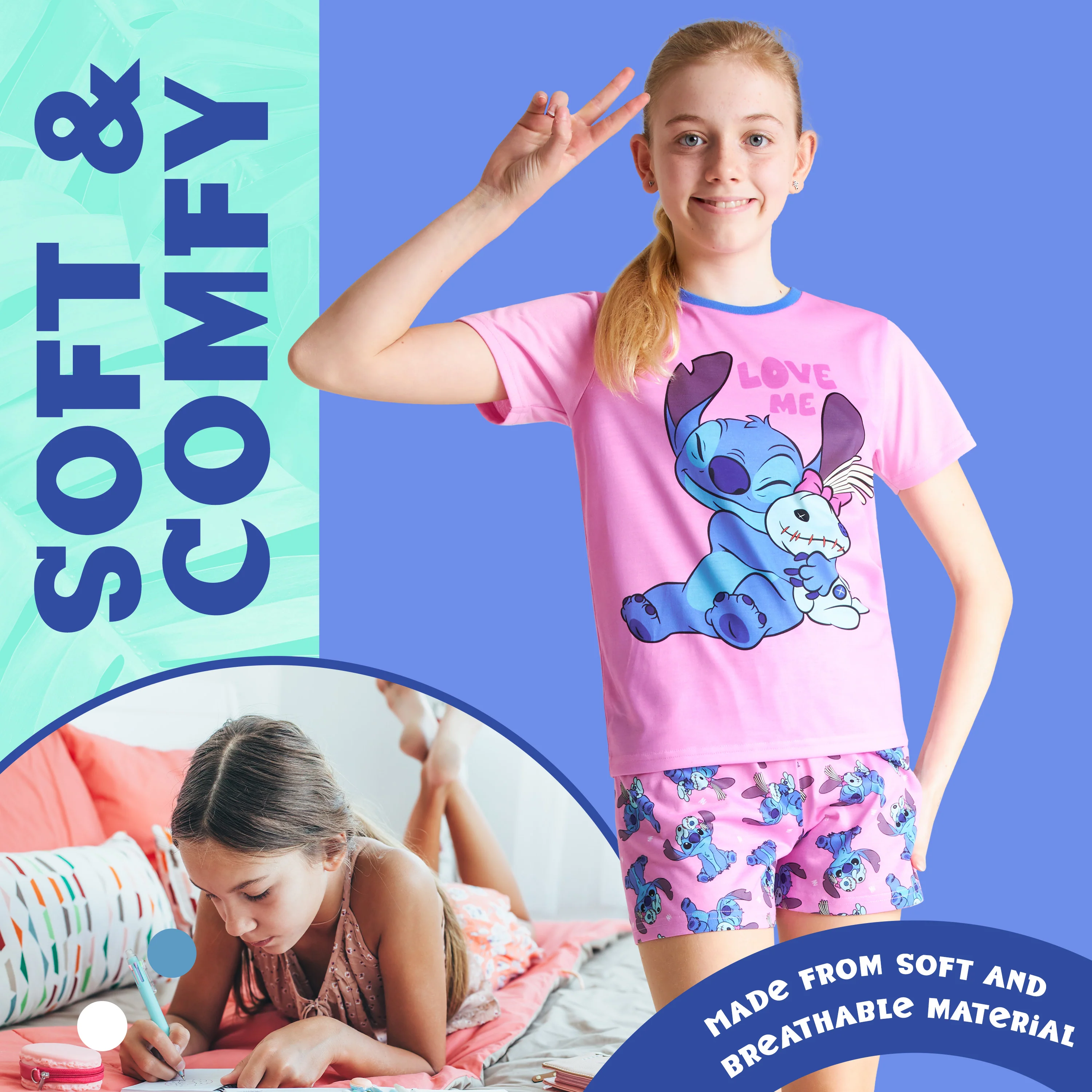 Disney Stitch Girls Short Pyjama Set, Soft Breathable Lounge Wear - Stitch Gifts for Girls - Image 5