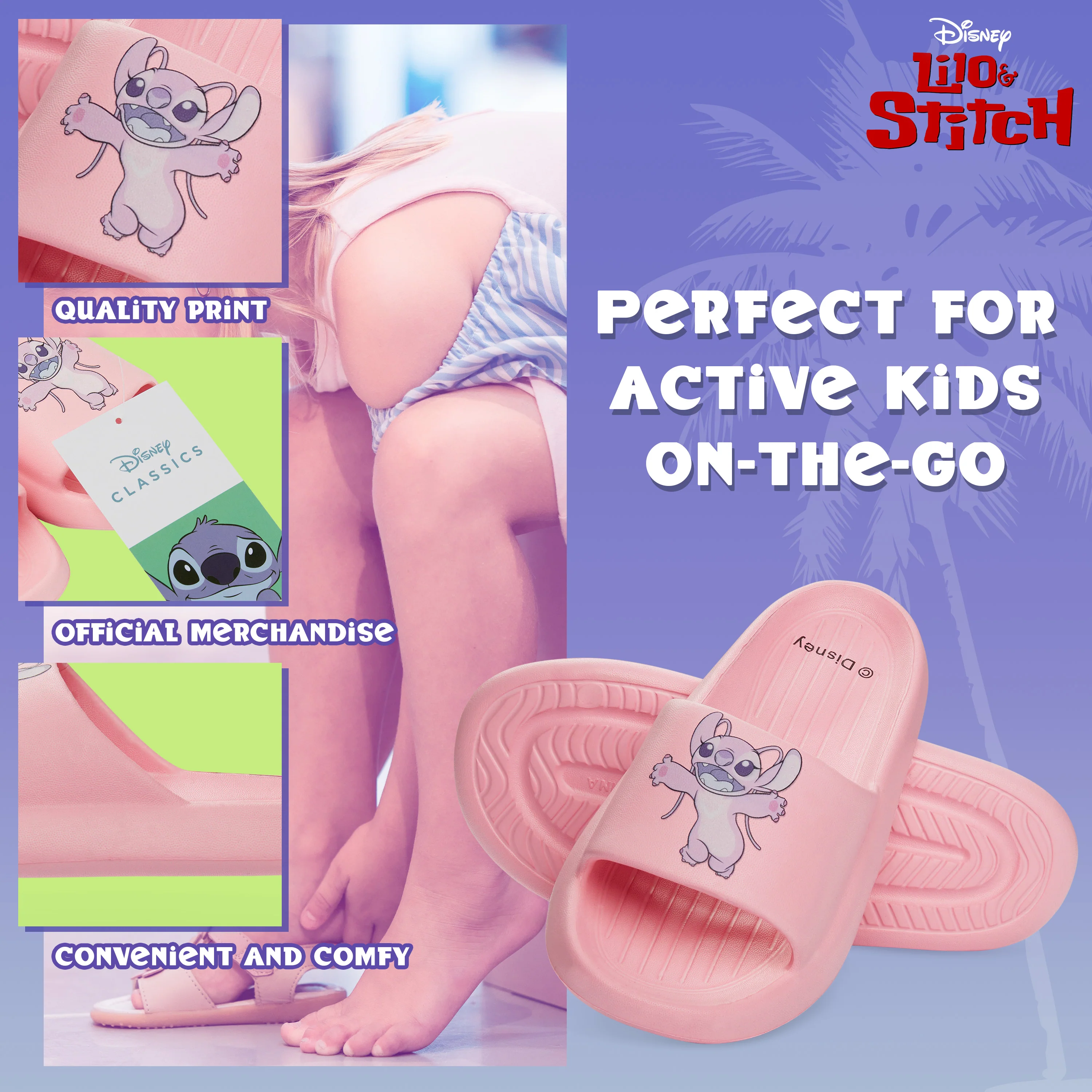 Disney Stitch Girls Sliders, Beach or Pool Shoes for Kids - Pink Stitch & Angel - Image 4