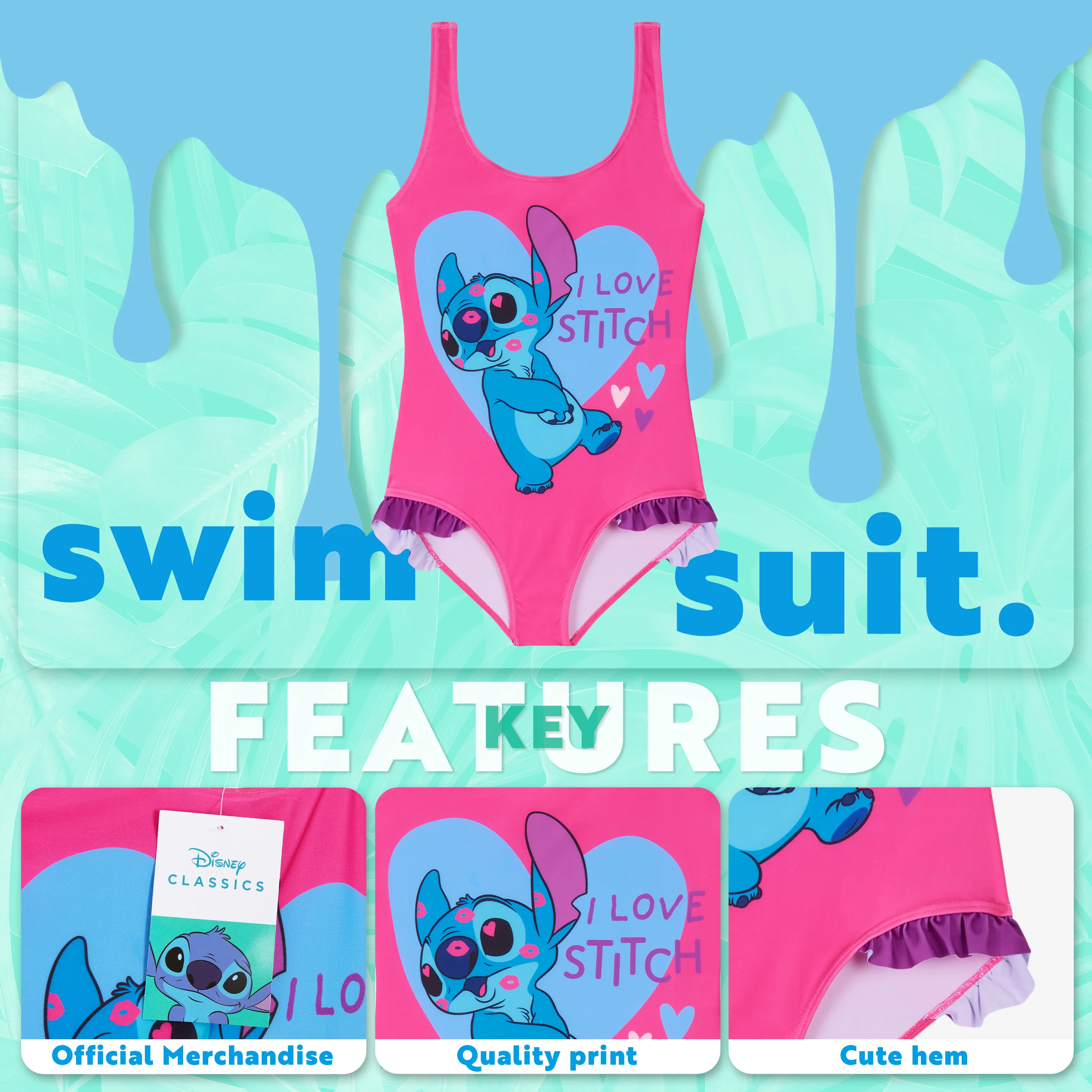 Disney Stitch Girls Swimming Costume Stretchy One Piece Swimsuit - Image 3