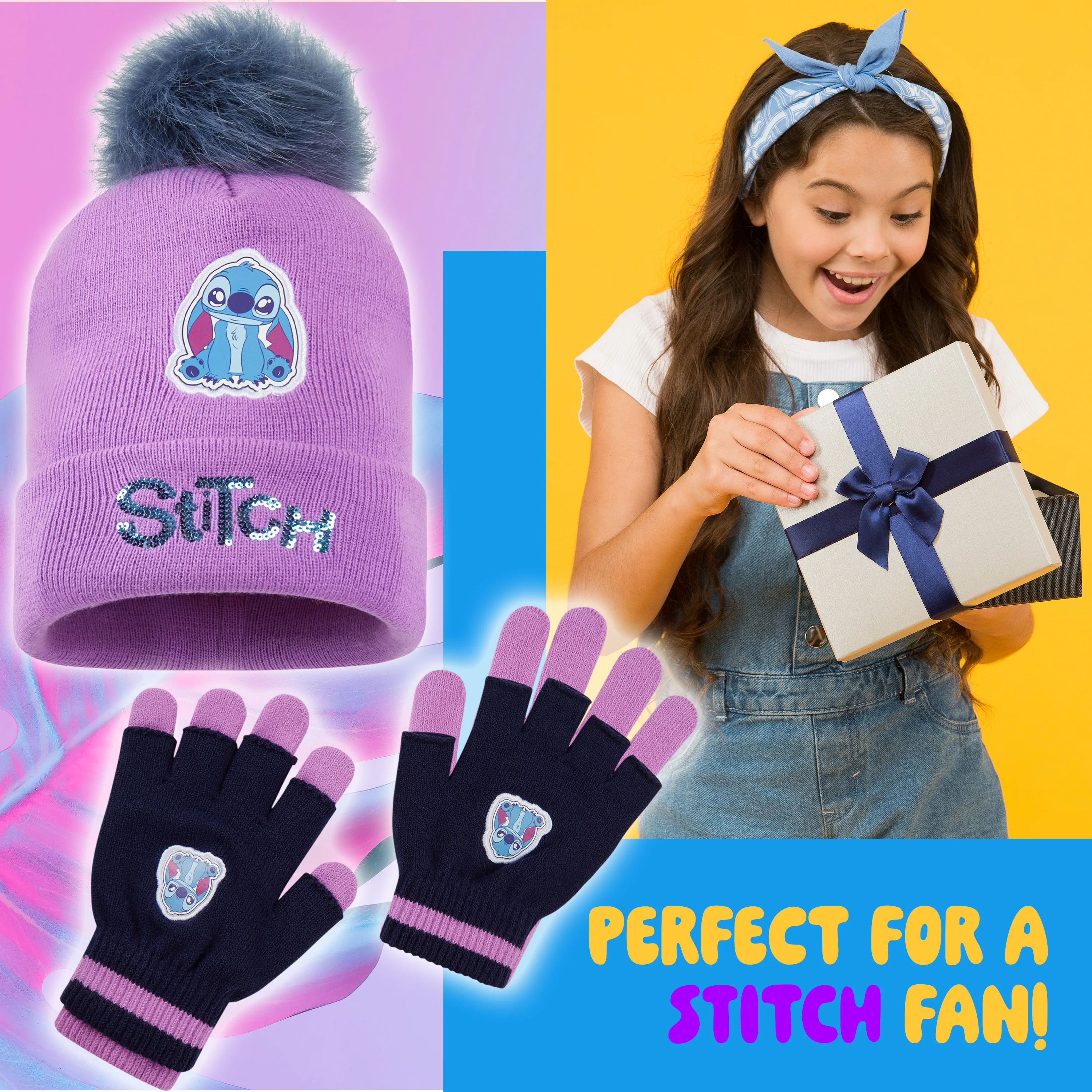 Disney Stitch Girls Winter Accessories Set, Beanie Hat and Gloves - Stitch Gifts - Image 3