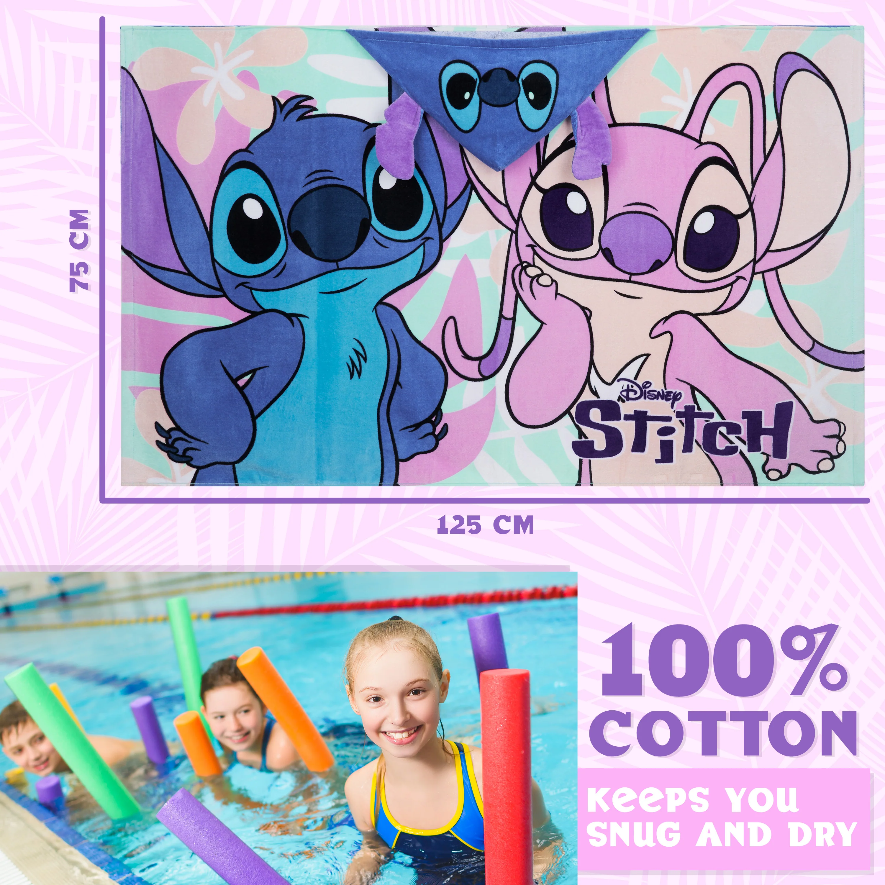 Disney Stitch Hooded Towel for Kids, Absorbent Bath Towel with Hood for the Pool, Beach Holiday Essentials - Image 5