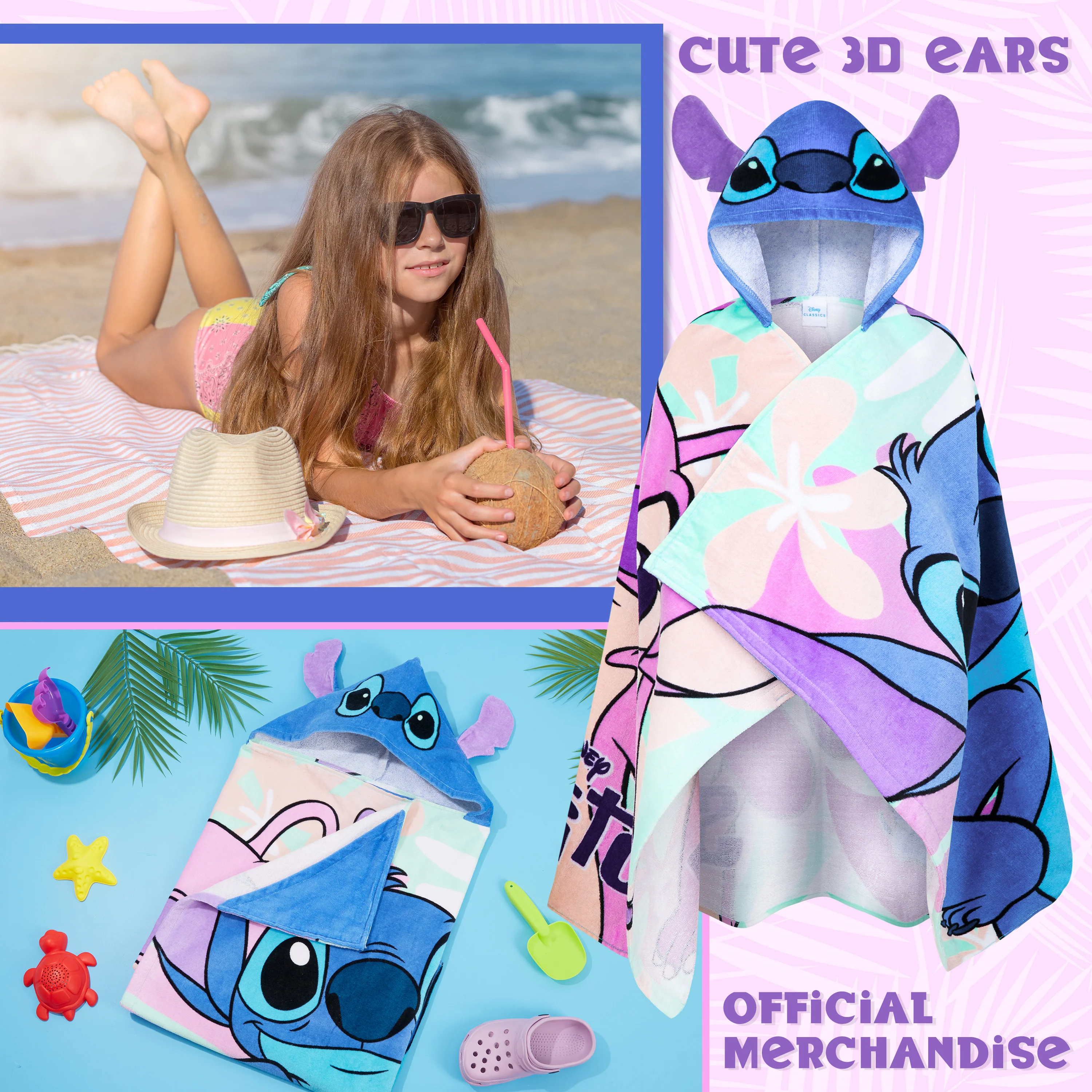 Disney Stitch Hooded Towel for Kids, Absorbent Bath Towel with Hood for the Pool, Beach Holiday Essentials - Image 6