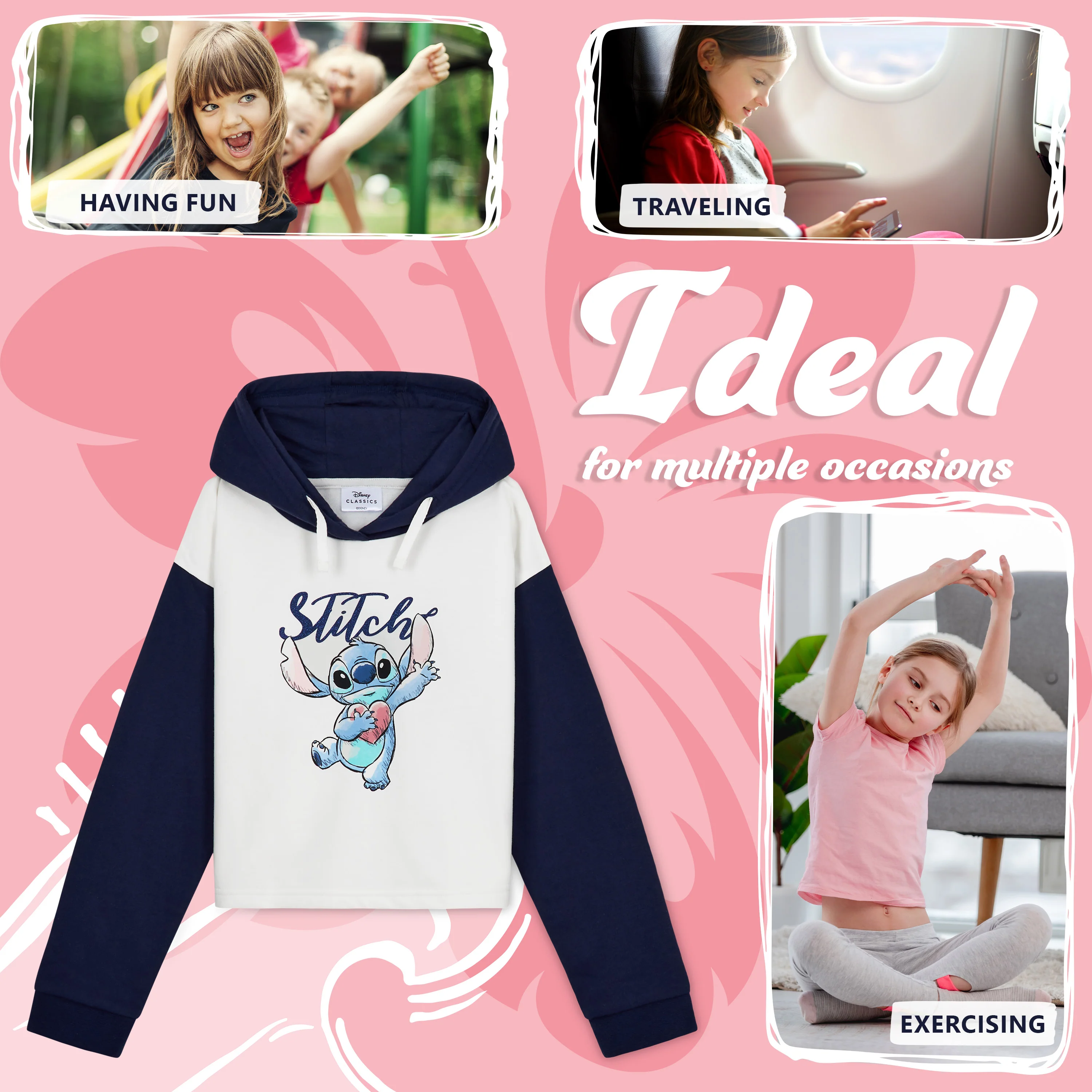 Disney Hoodie for Girls, Stitch Sweatshirt, Fashion Top for Girls and Teens - White/Navy - Image 5