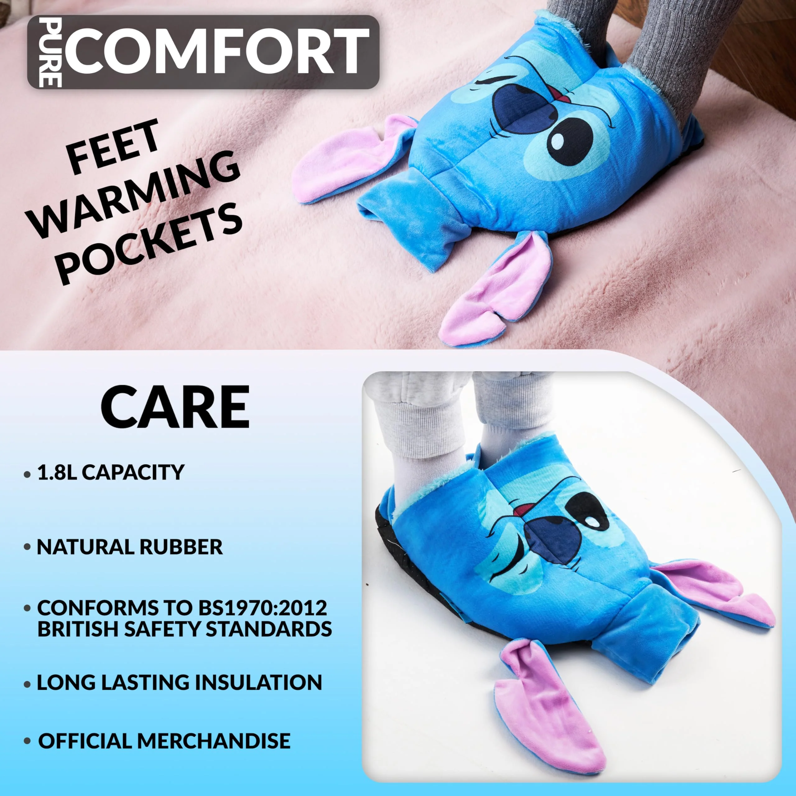 Disney Stitch Hot Water Bottle with Soft Cover - 1.8L Capacity - Stitch Gifts (Blue Plush Ears) - Image 3