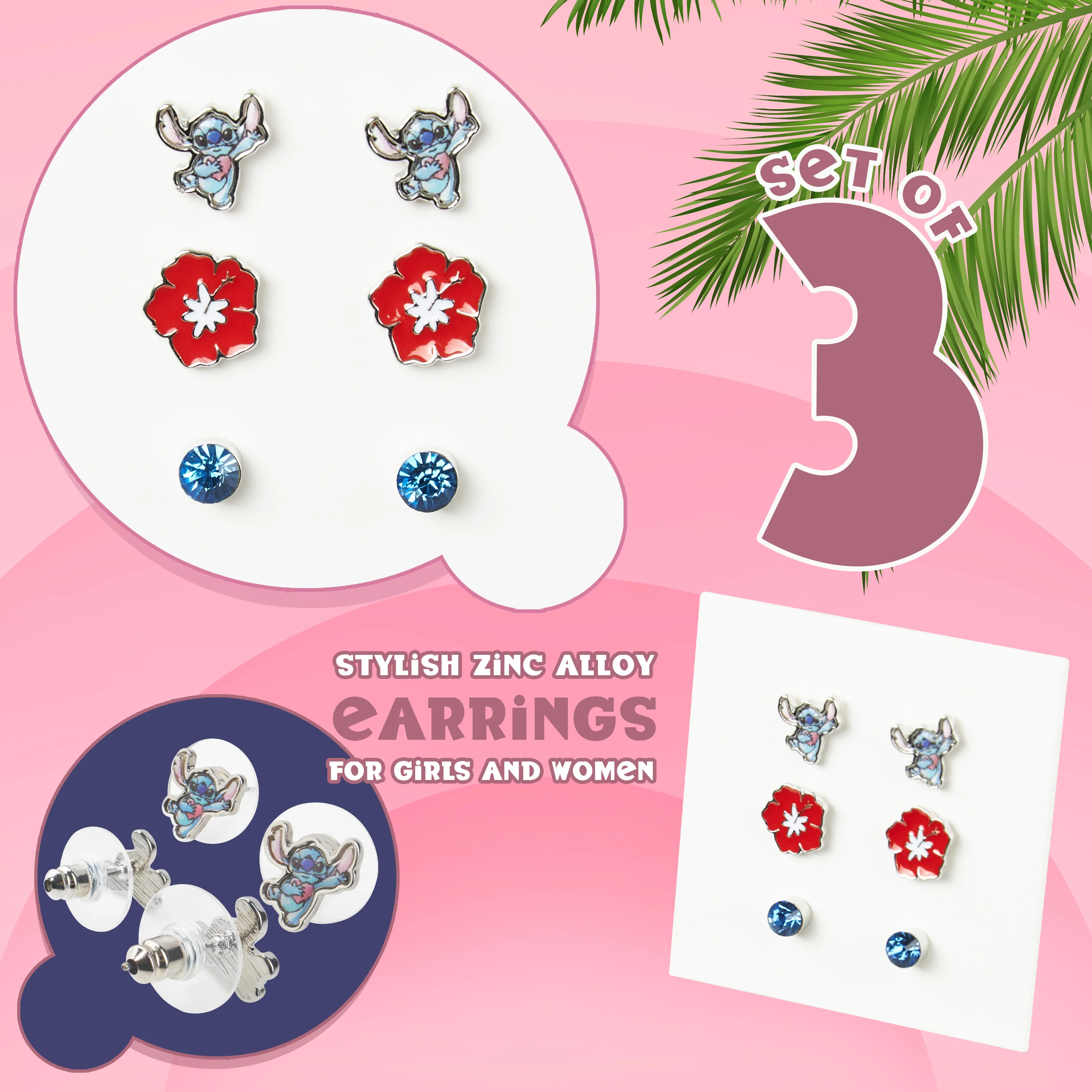 Disney Stitch Jewellery Sets for Girls - 3 Pairs of Stud Earrings - Image 6