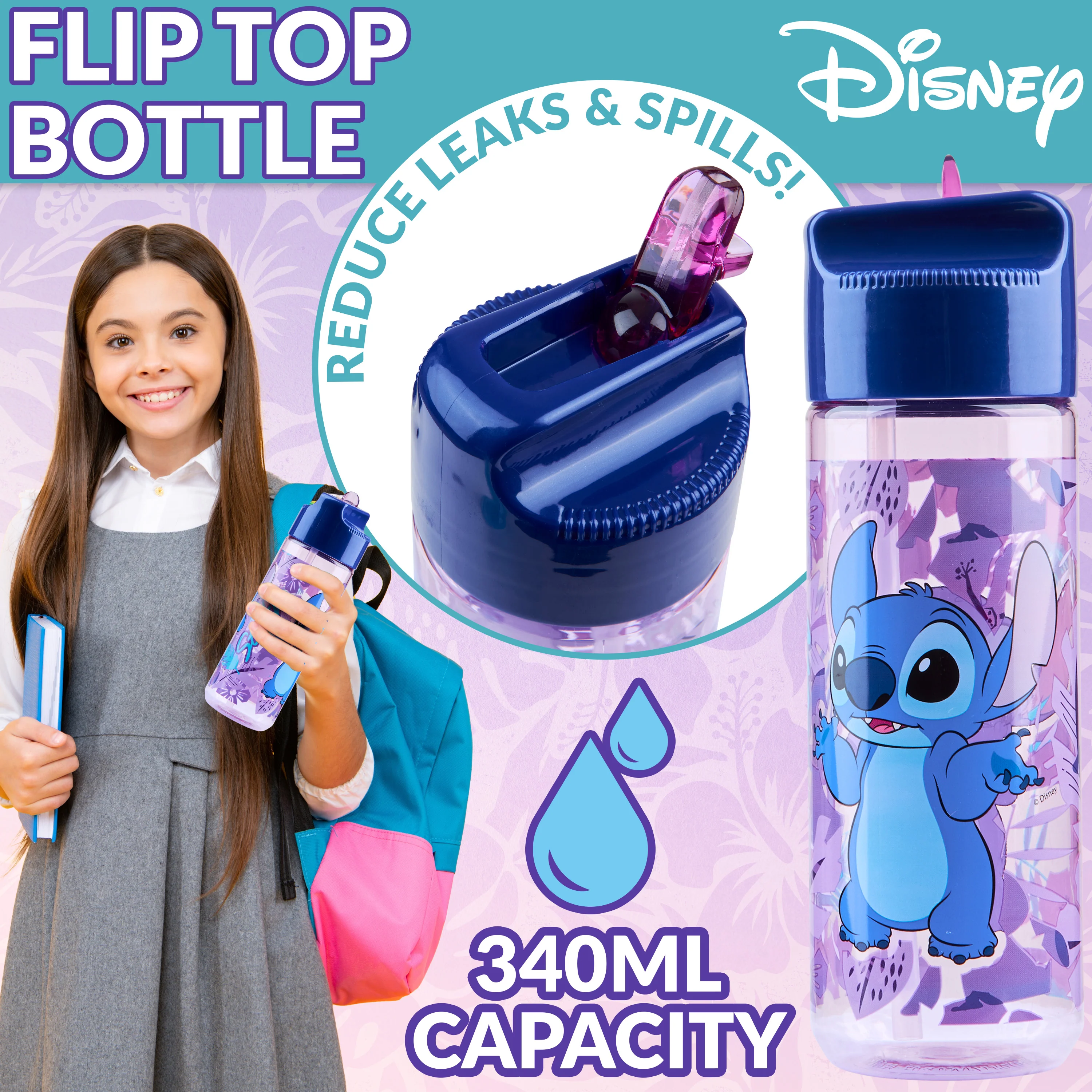 Disney Stitch Kids Lunchbox with Compartments and Water Bottle for School (Blue/Purple) - Image 4