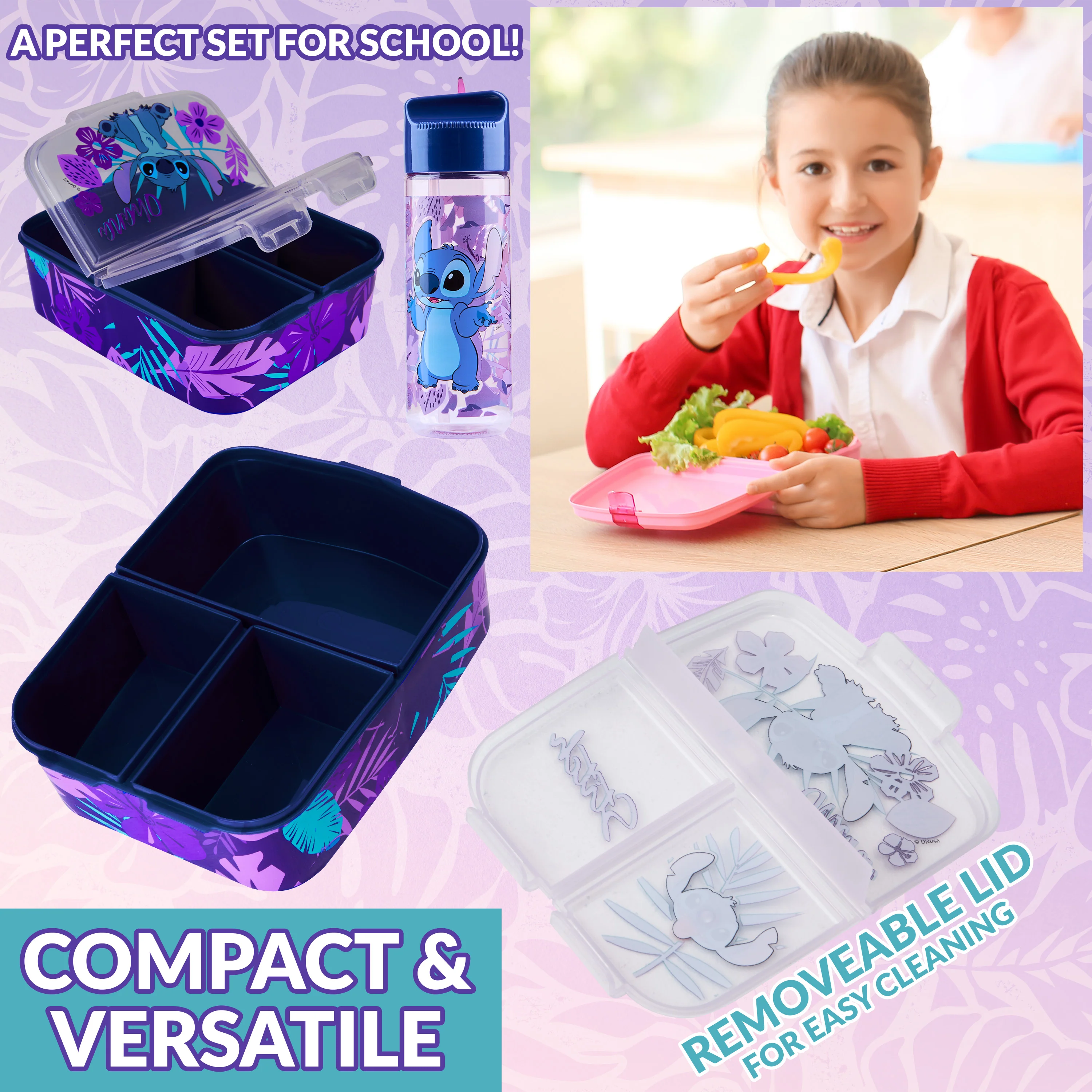 Disney Stitch Kids Lunchbox with Compartments and Water Bottle for School (Blue/Purple) - Image 5