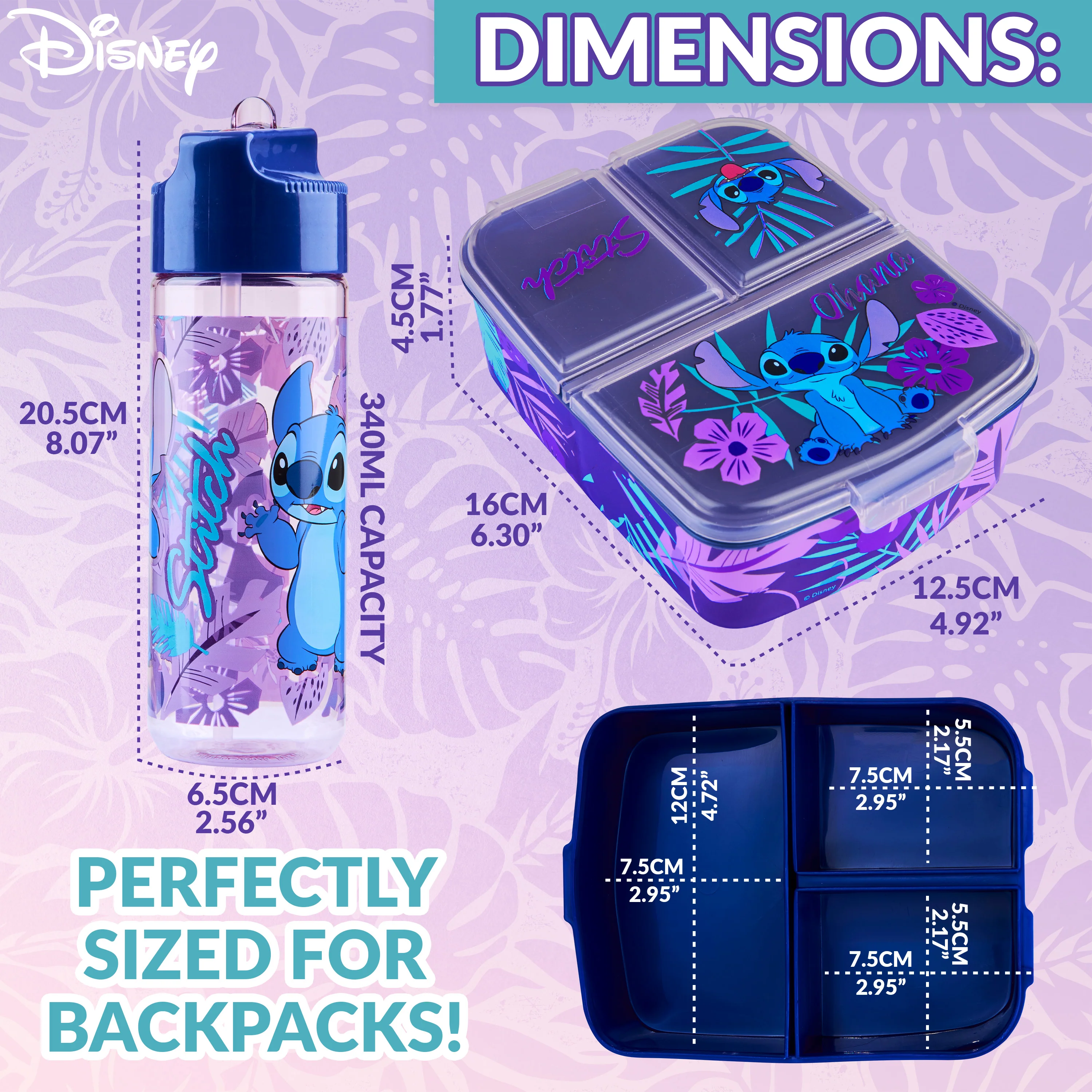 Disney Stitch Kids Lunchbox with Compartments and Water Bottle for School (Blue/Purple) - Image 6