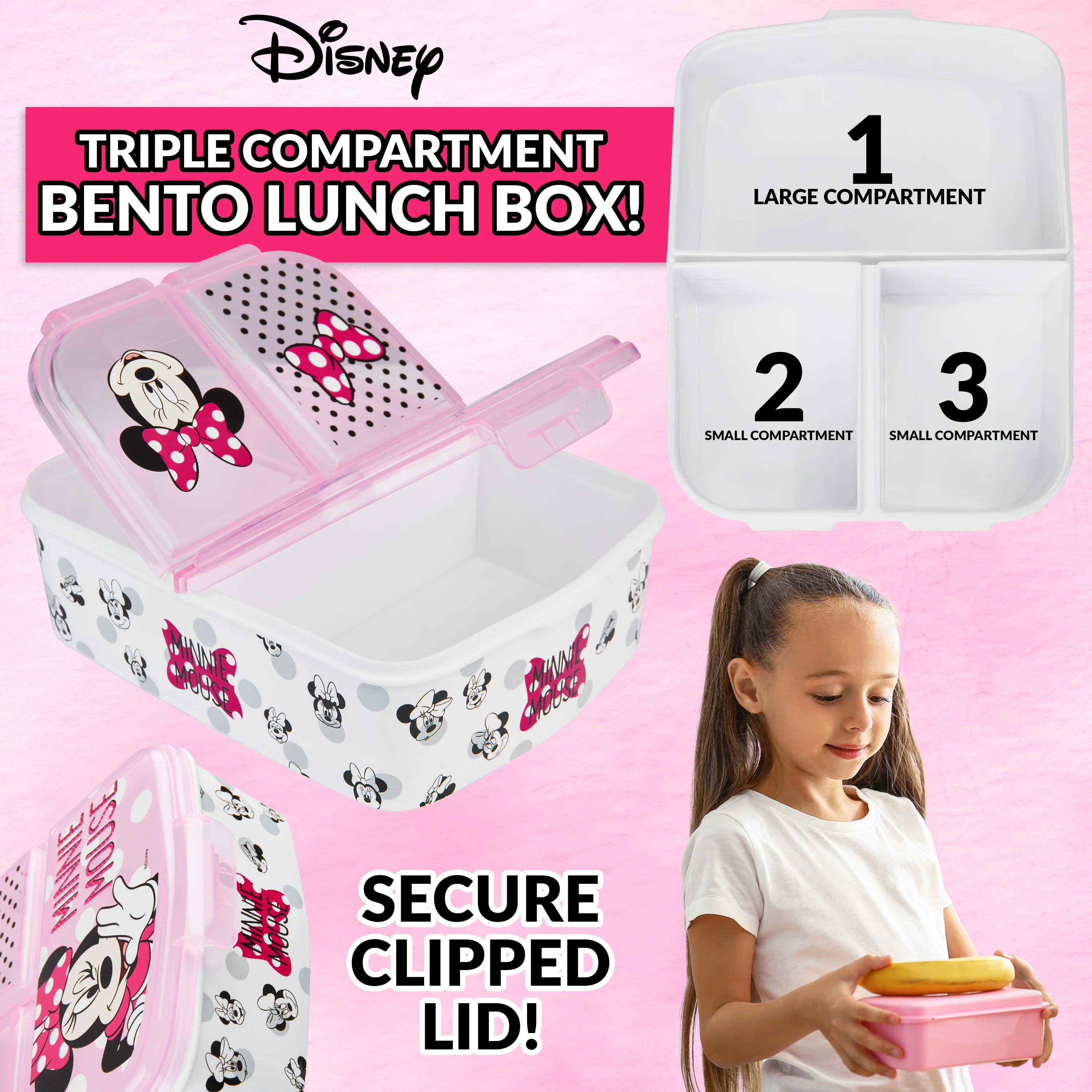 Disney Minnie Mouse Kids Lunchbox with Compartments and Water Bottle with Straw (Pink) - Image 3