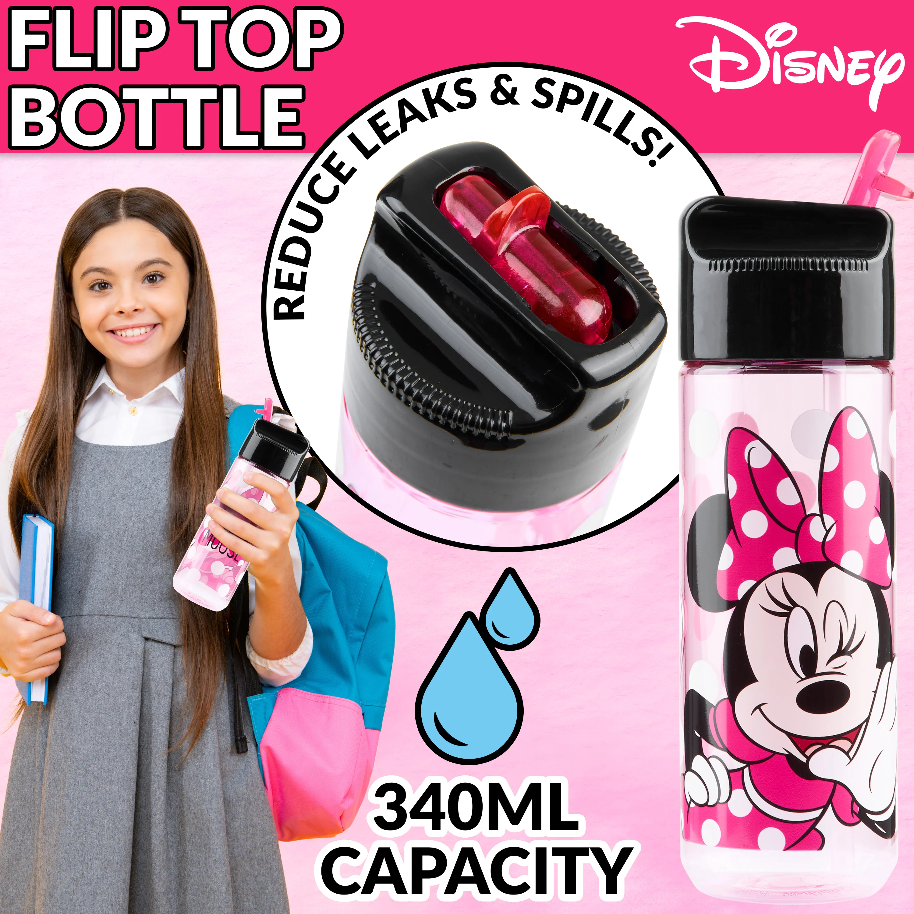 Disney Minnie Mouse Kids Lunchbox with Compartments and Water Bottle with Straw (Pink) - Image 4