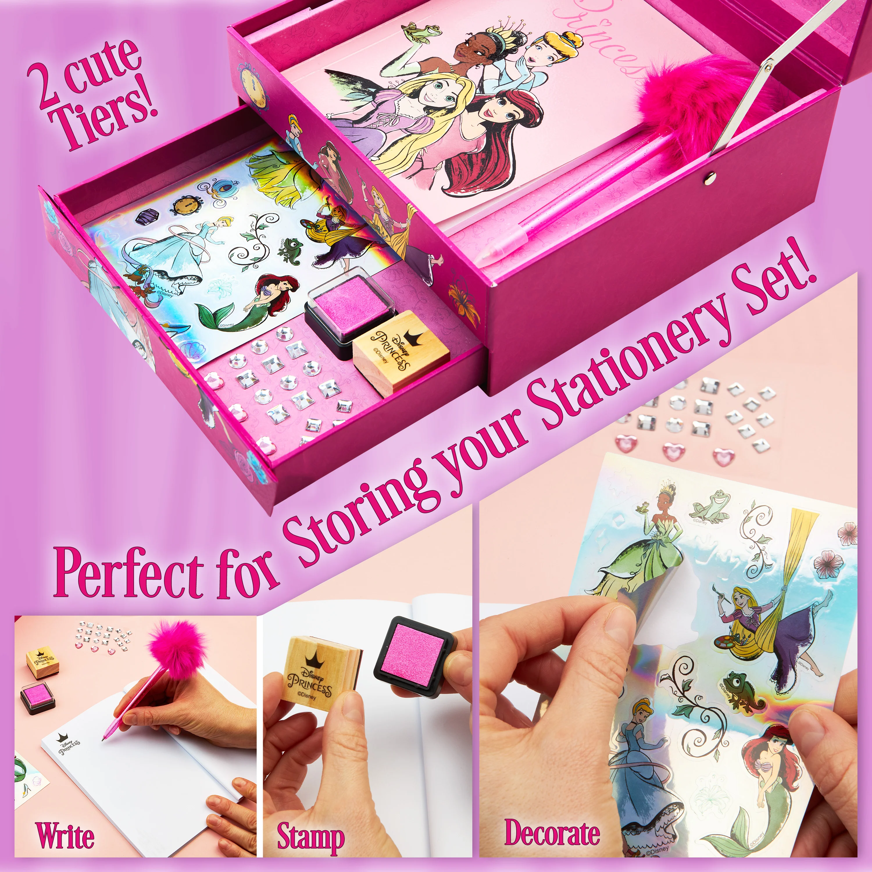Disney Stitch Kids Scrapbook Set with Notebook Gem Stickers Pen & Stamp Craft Set Writing Drawing Stitch Gifts for Girls (Pink Princesses) - Image 3