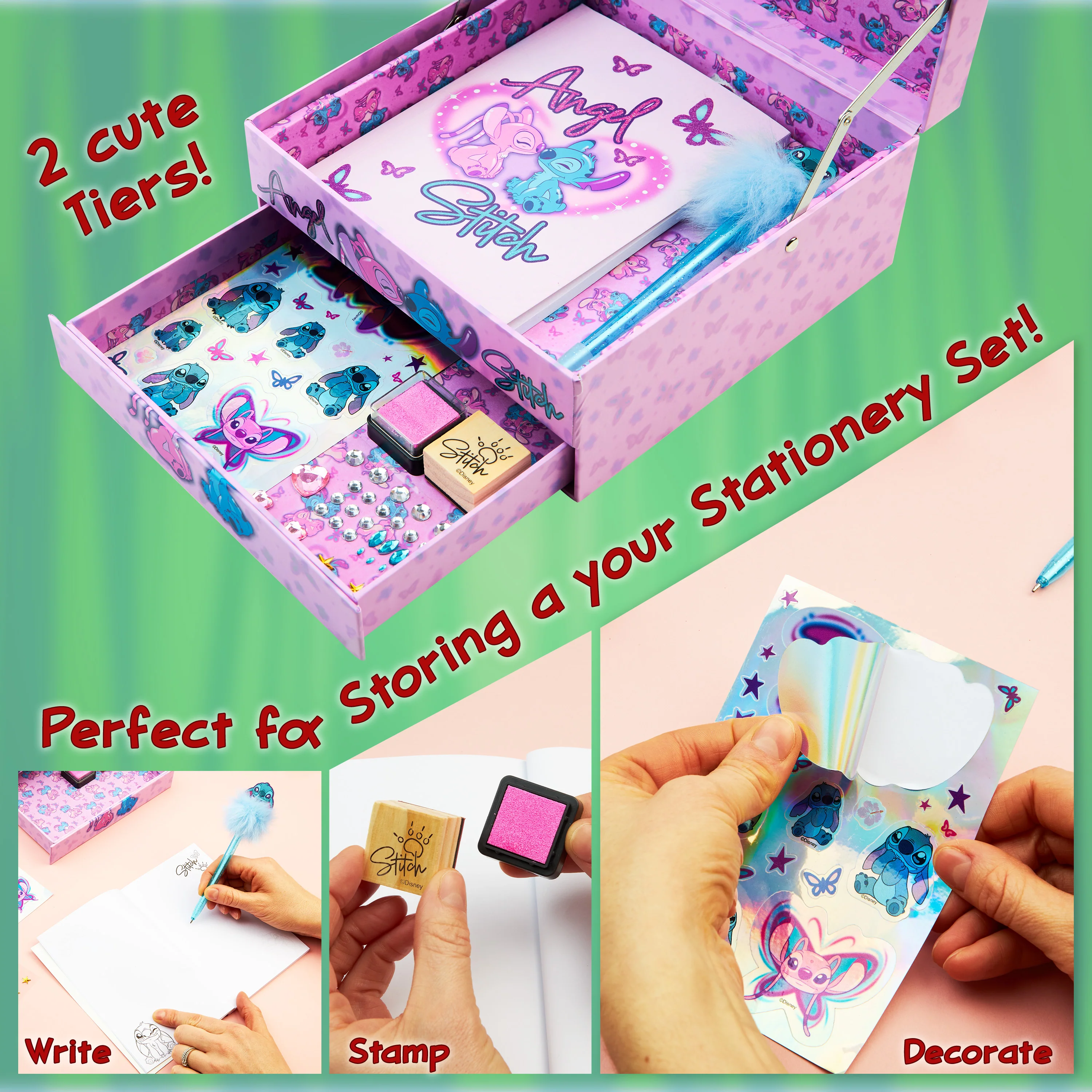 Disney Stitch Kids Scrapbook Set with Notebook Gem Stickers Pen & Stamp Craft Set Writing Drawing Stitch Gifts for Girls (Pink Stitch) - Image 3