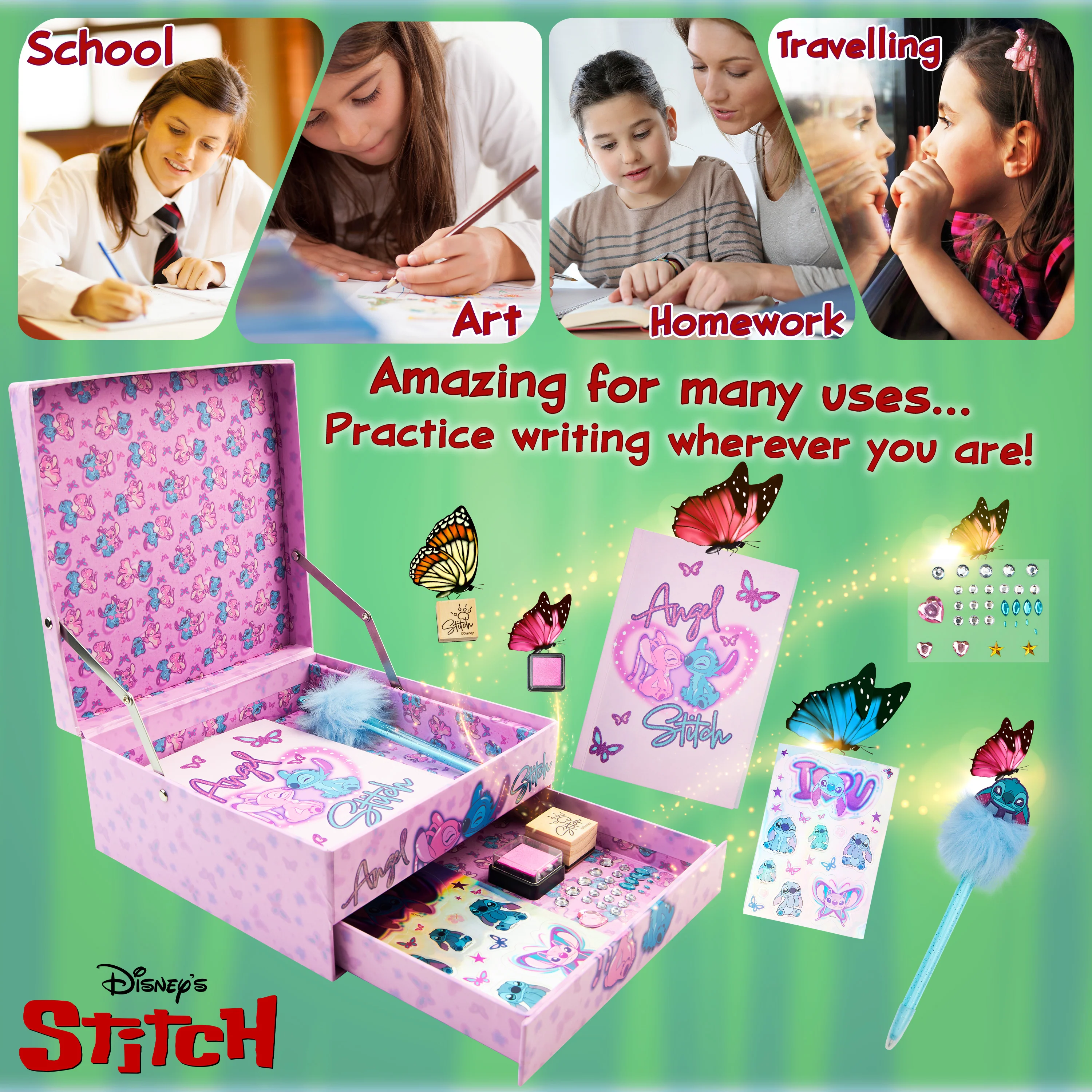 Disney Stitch Kids Scrapbook Set with Notebook Gem Stickers Pen & Stamp Craft Set Writing Drawing Stitch Gifts for Girls (Pink Stitch) - Image 4