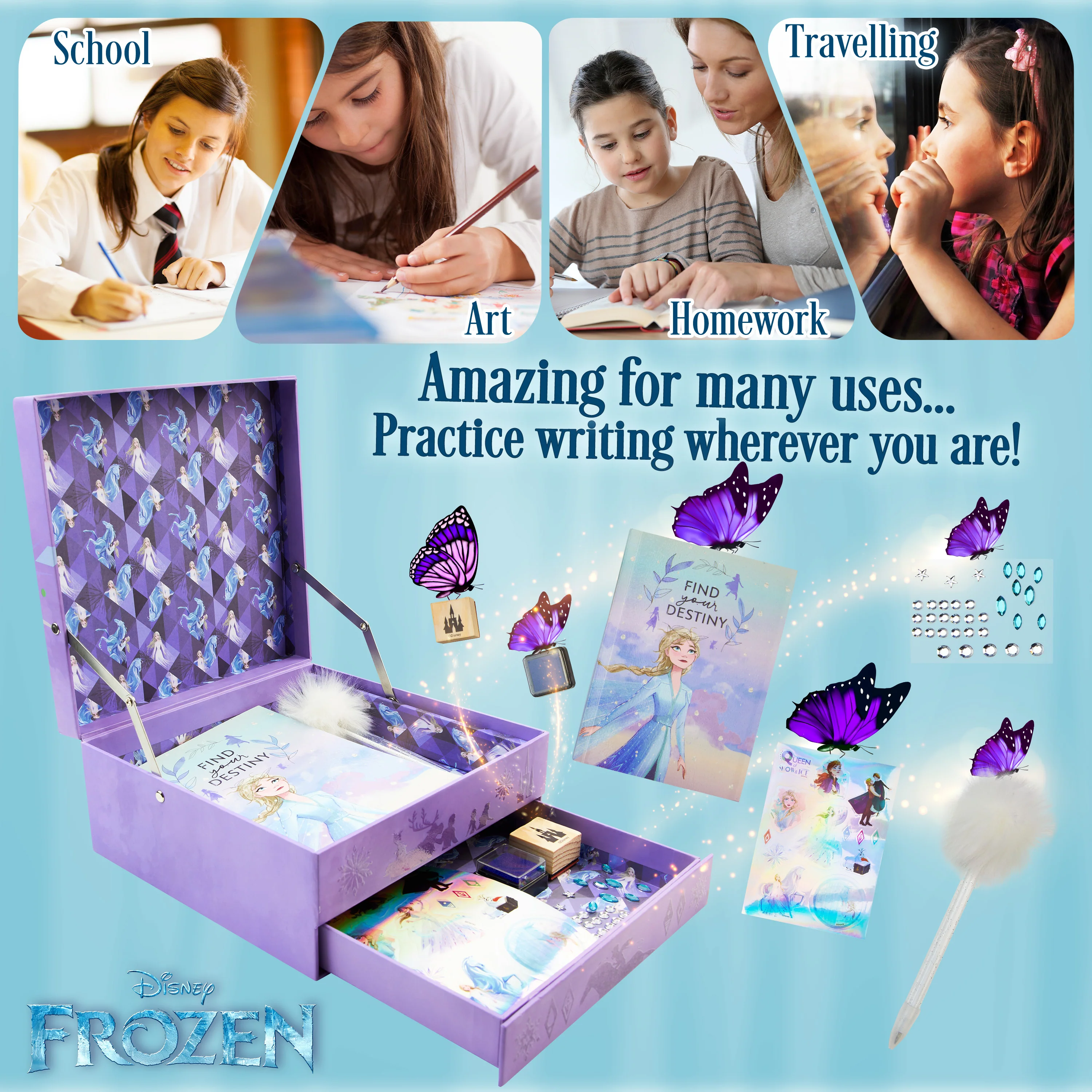 Disney Stitch Kids Scrapbook Set with Notebook Gem Stickers Pen & Stamp Craft Set Writing Drawing Stitch Gifts for Girls (Purple Frozen) - Image 4