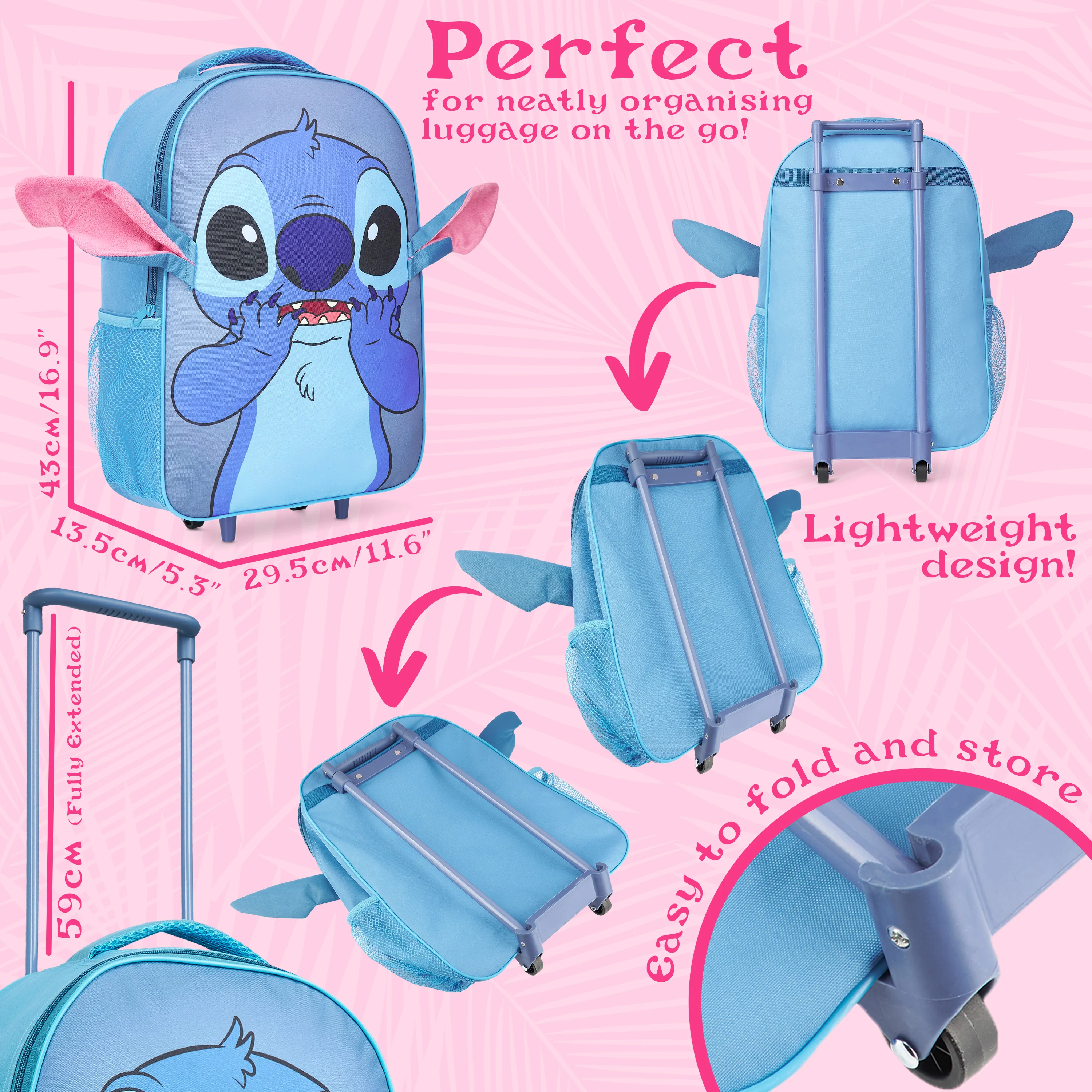 Disney Stitch Kids Suitcases on Wheels Foldable Trolley Bag Carry On Cabin Bag Hand Luggage Holiday Sleepover Trips Travel Essentials 43x30x14cm - Image 6