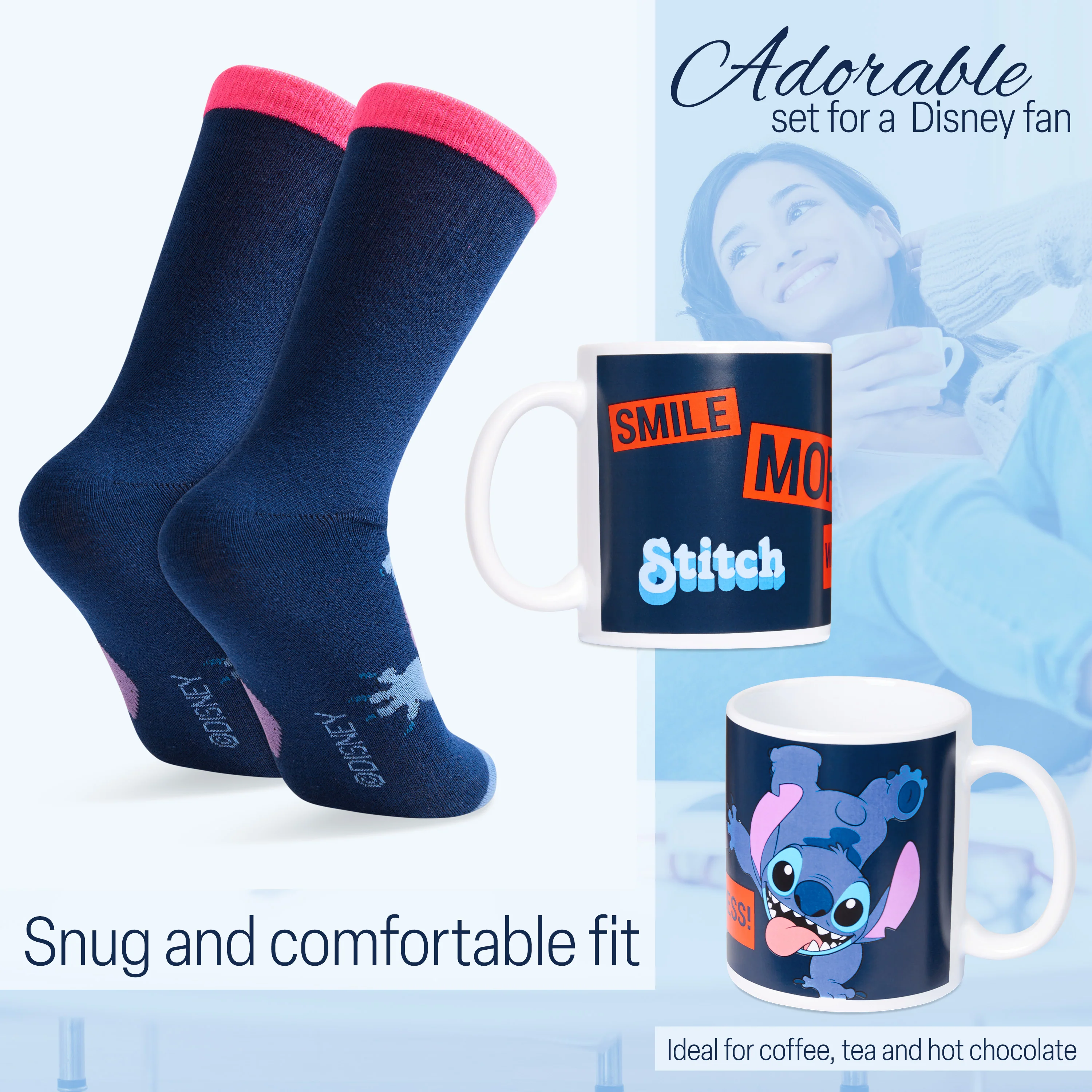 Disney Stitch Mug and Socks Gift Set for Women Calf Socks and Mug Stitch Gifts (Navy) - Image 4