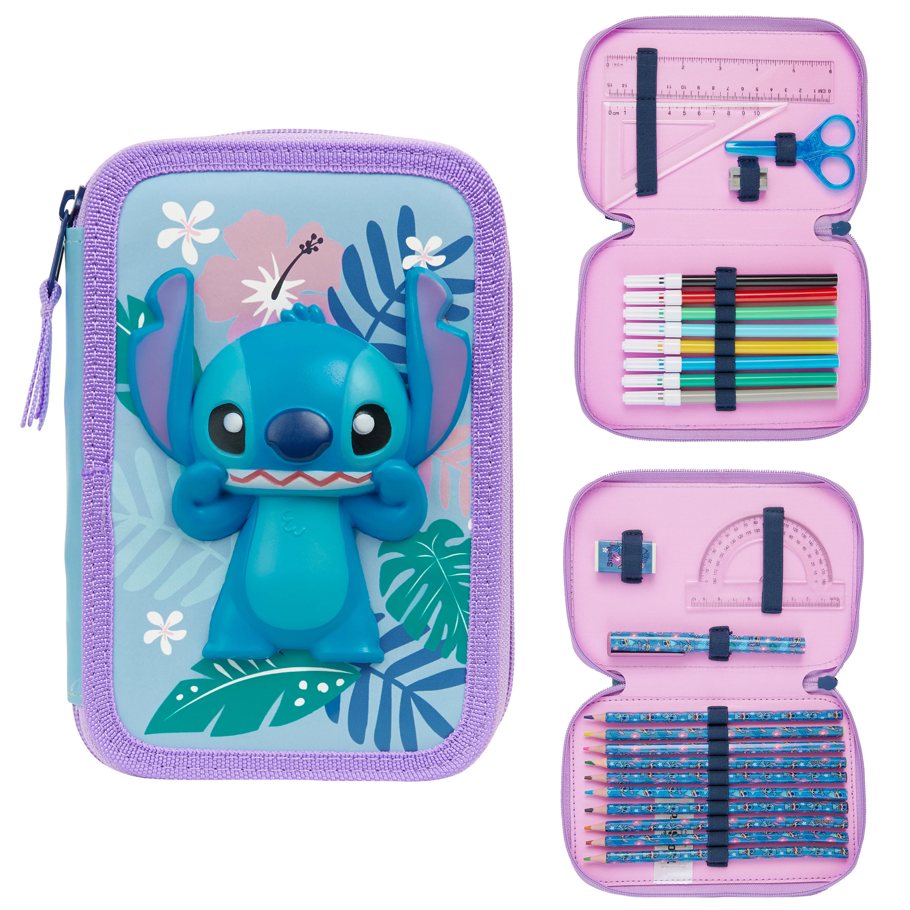 Disney Stitch Pencil Case 2 Compartments Filled Pencil Case