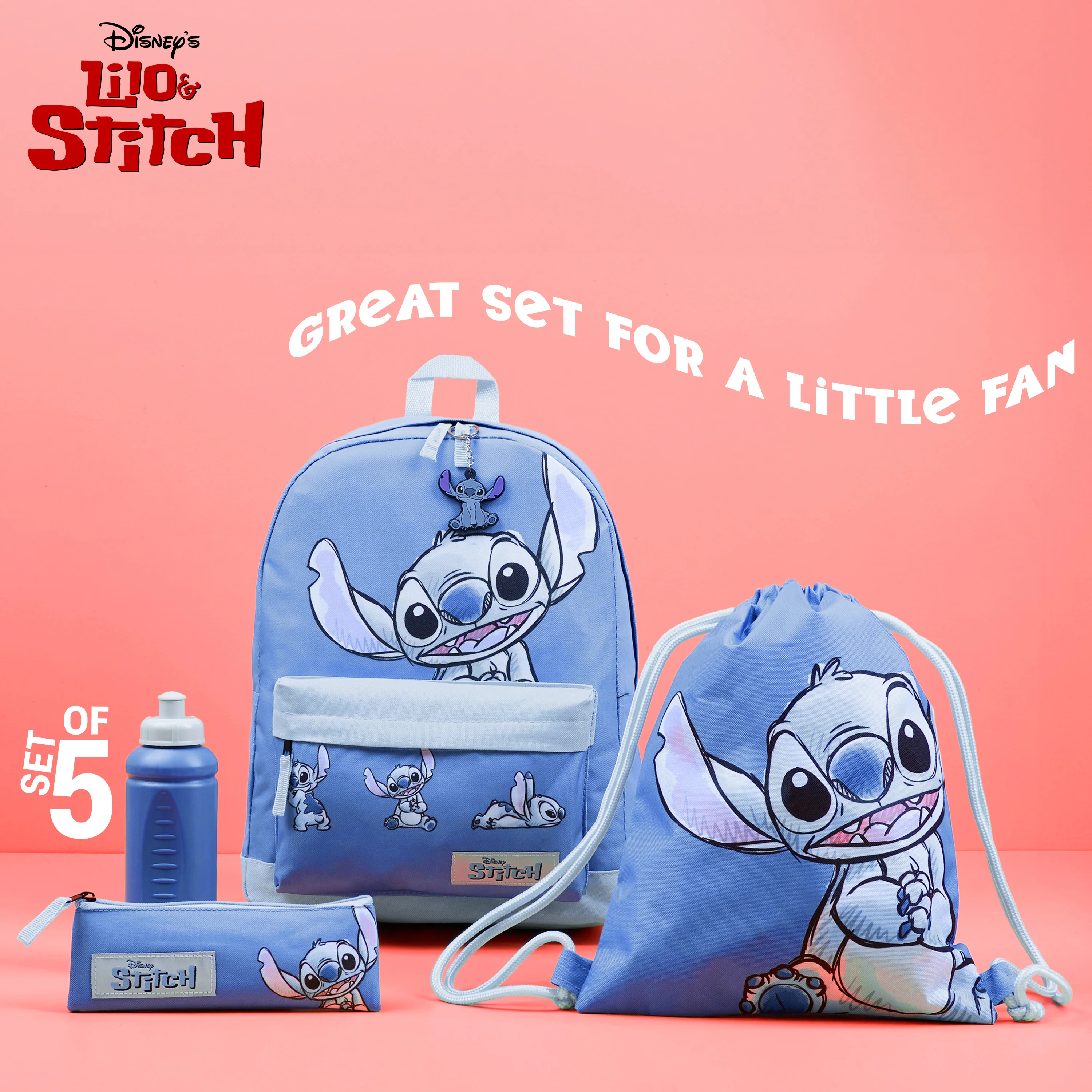 Disney Stitch School Bag Set, 5 Pieces with Backpack, Drawstring Bag, Pencil Case, Water Bottle & Keyring - Stitch Gifts - Image 2