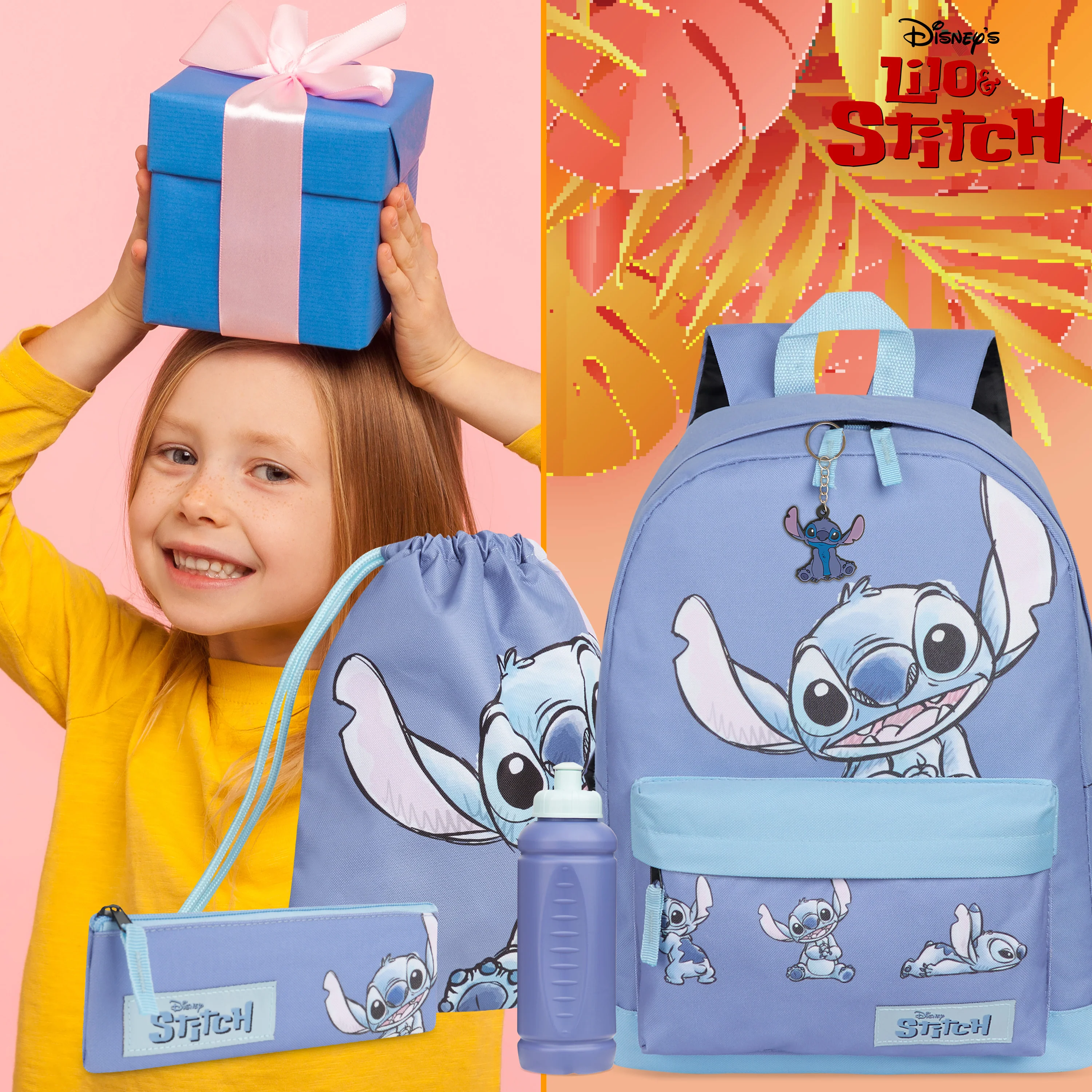 Disney Stitch School Bag Set, 5 Pieces with Backpack, Drawstring Bag, Pencil Case, Water Bottle & Keyring - Stitch Gifts - Image 3