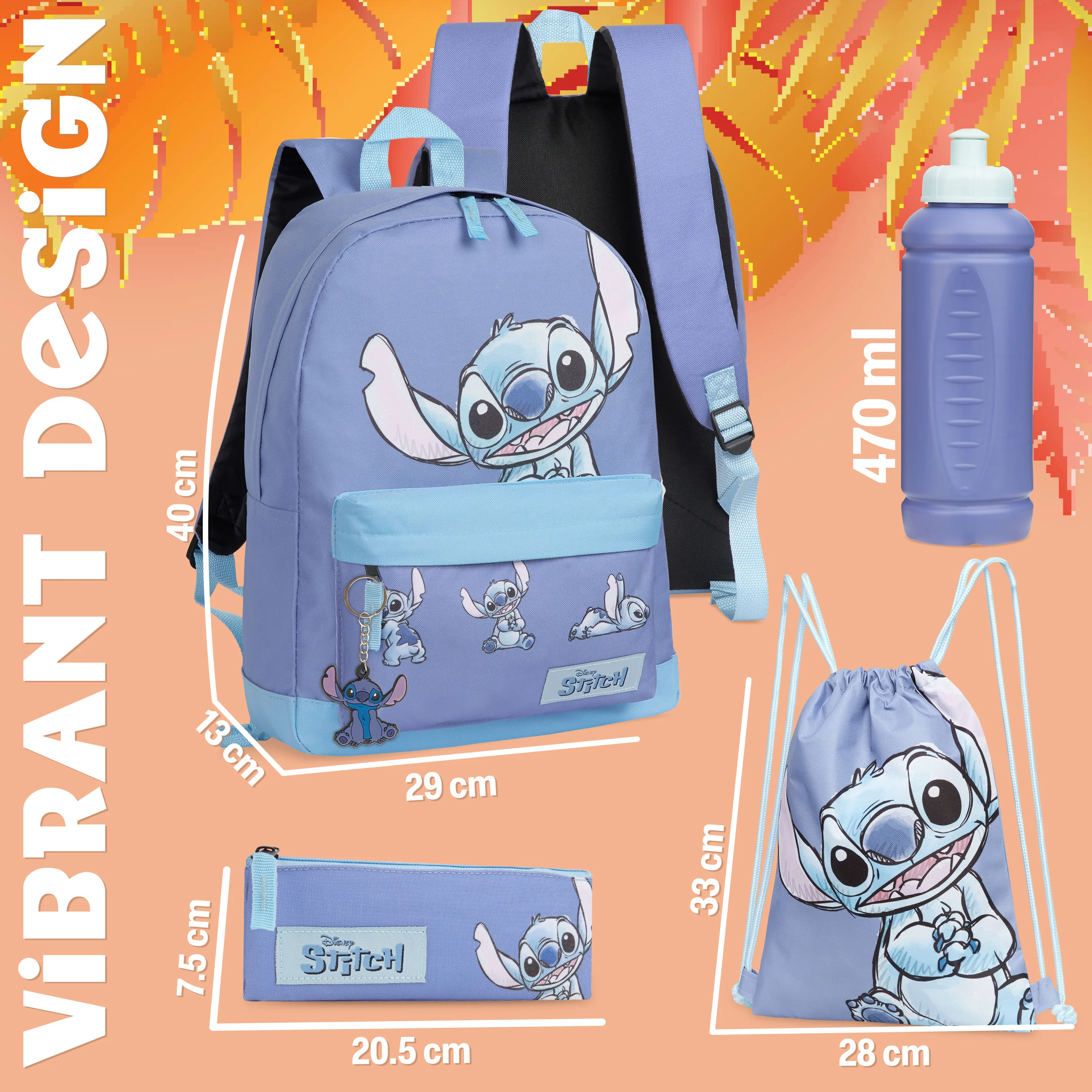 Disney Stitch School Bag Set, 5 Pieces with Backpack, Drawstring Bag, Pencil Case, Water Bottle & Keyring - Stitch Gifts - Image 5