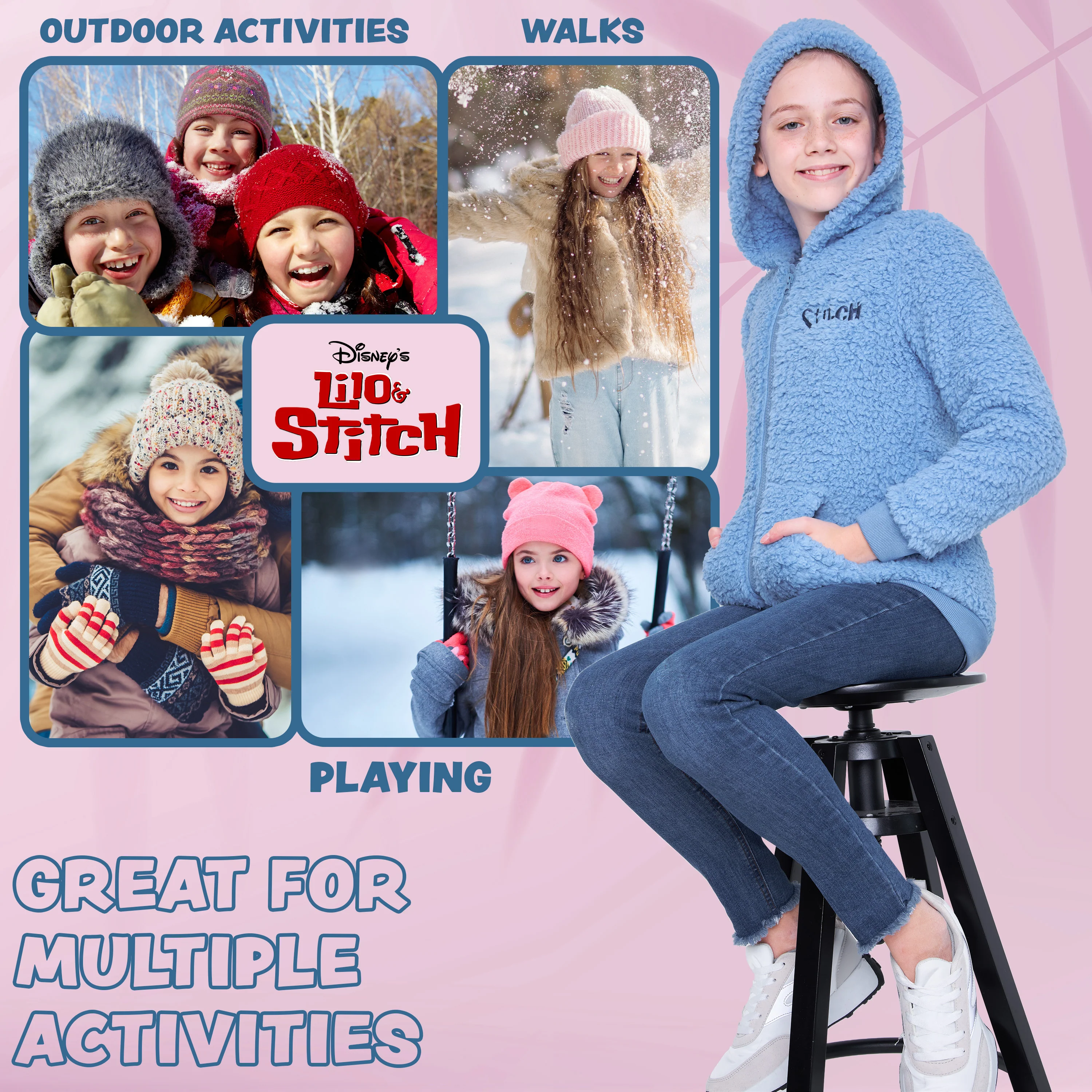 Disney Stitch Sherpa Hoodie for Girls, Zip Up Fleece Fluffy Hoodie for Kids Teens - Image 3