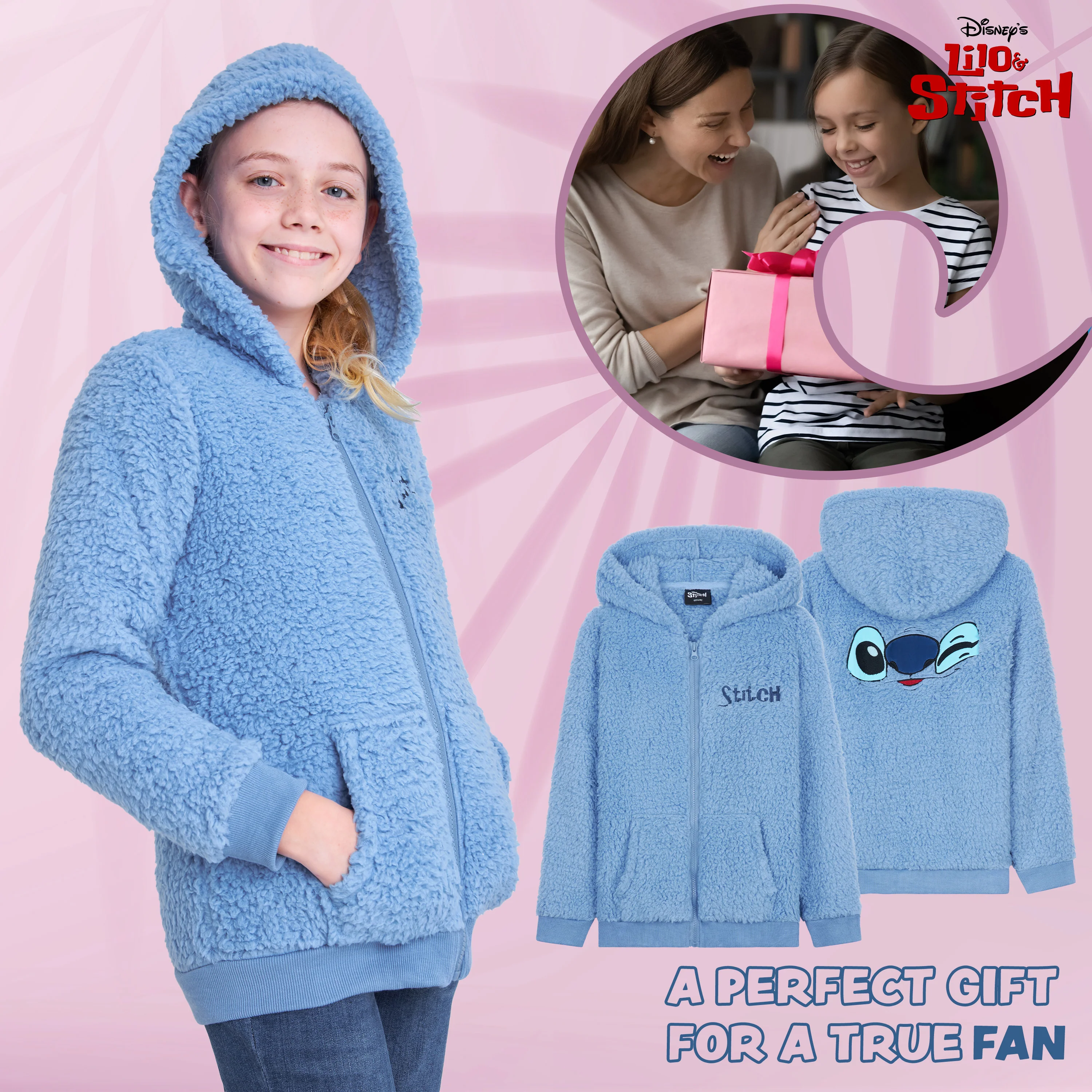 Disney Stitch Sherpa Hoodie for Girls, Zip Up Fleece Fluffy Hoodie for Kids Teens - Image 4