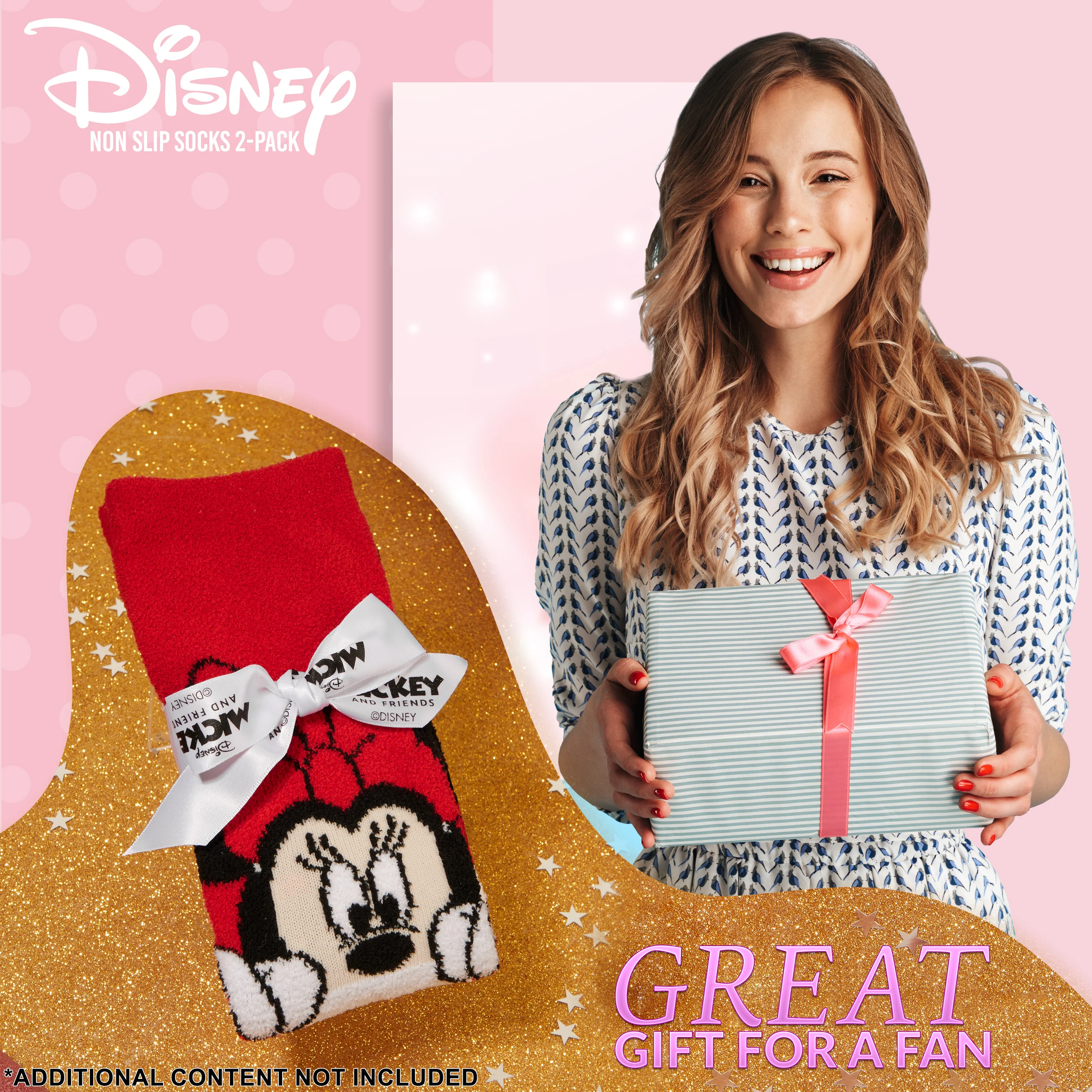 Disney Slippers Socks Women 2 Pack Fluffy Socks Non Slip - Red & Pink Minnie - Image 2