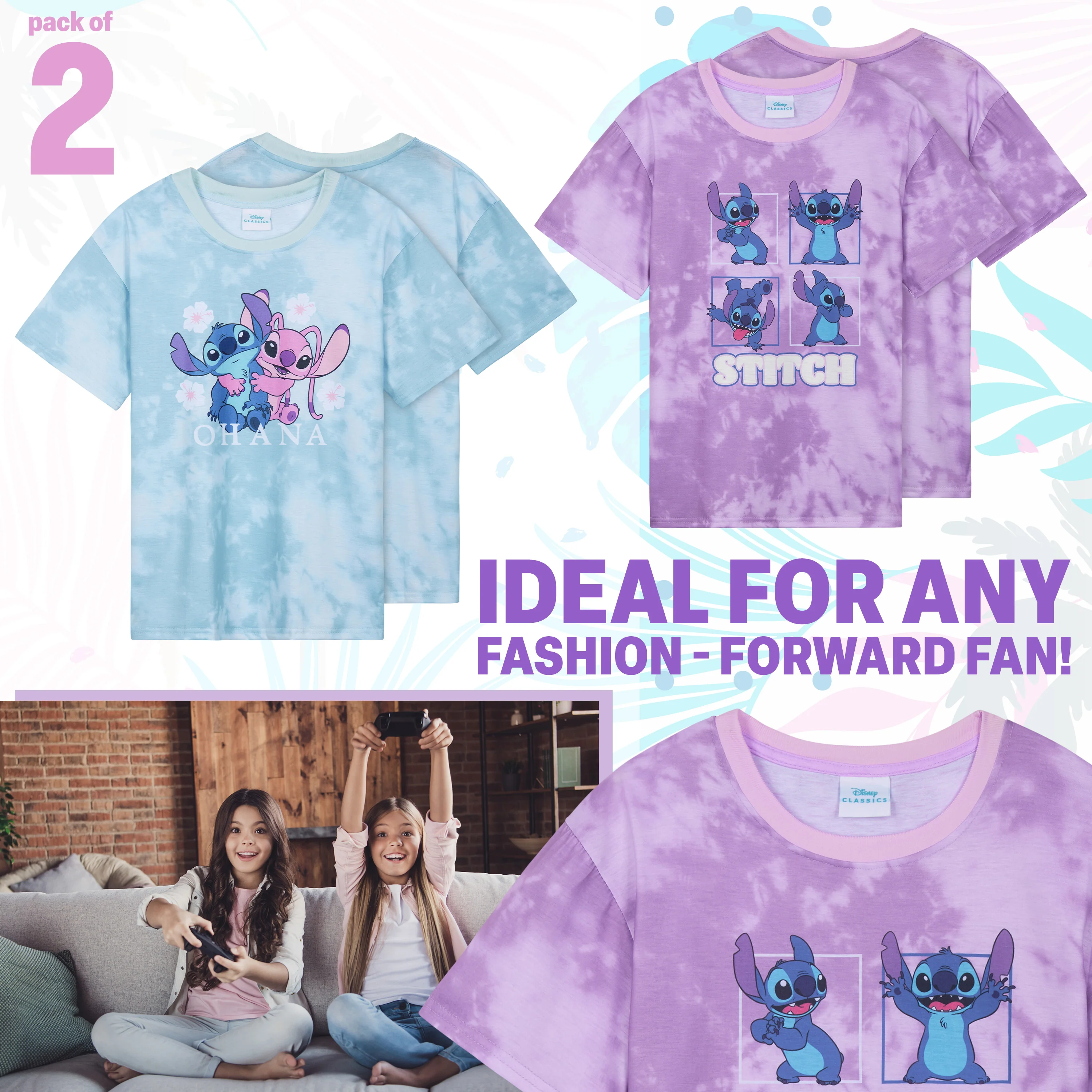 Disney Stitch T Shirt 2 Pack for Girls and Teenagers Short Top Sleeve Crew Neck T-Shirts Multipack Soft Comfy Breathable Stitch Gifts for Girls - Image 2