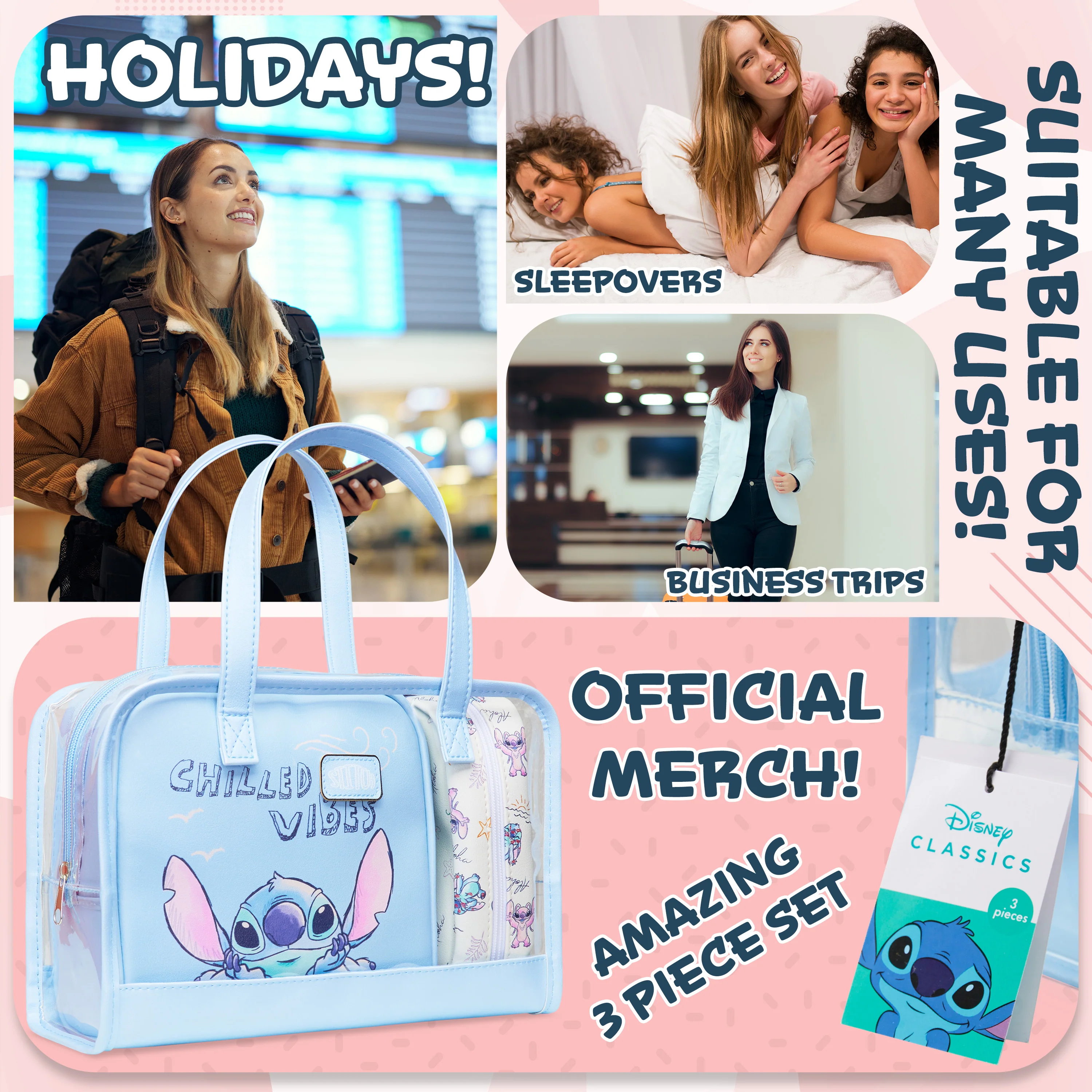 Disney Stitch Toiletry Bag Set Zipped Wash Bag Make Up Bag Travel Essentials Options with Refillable Travel Bottles for Toiletries for Holiday Gym Travel (Blue Stitch 3 Pcs) - Image 5