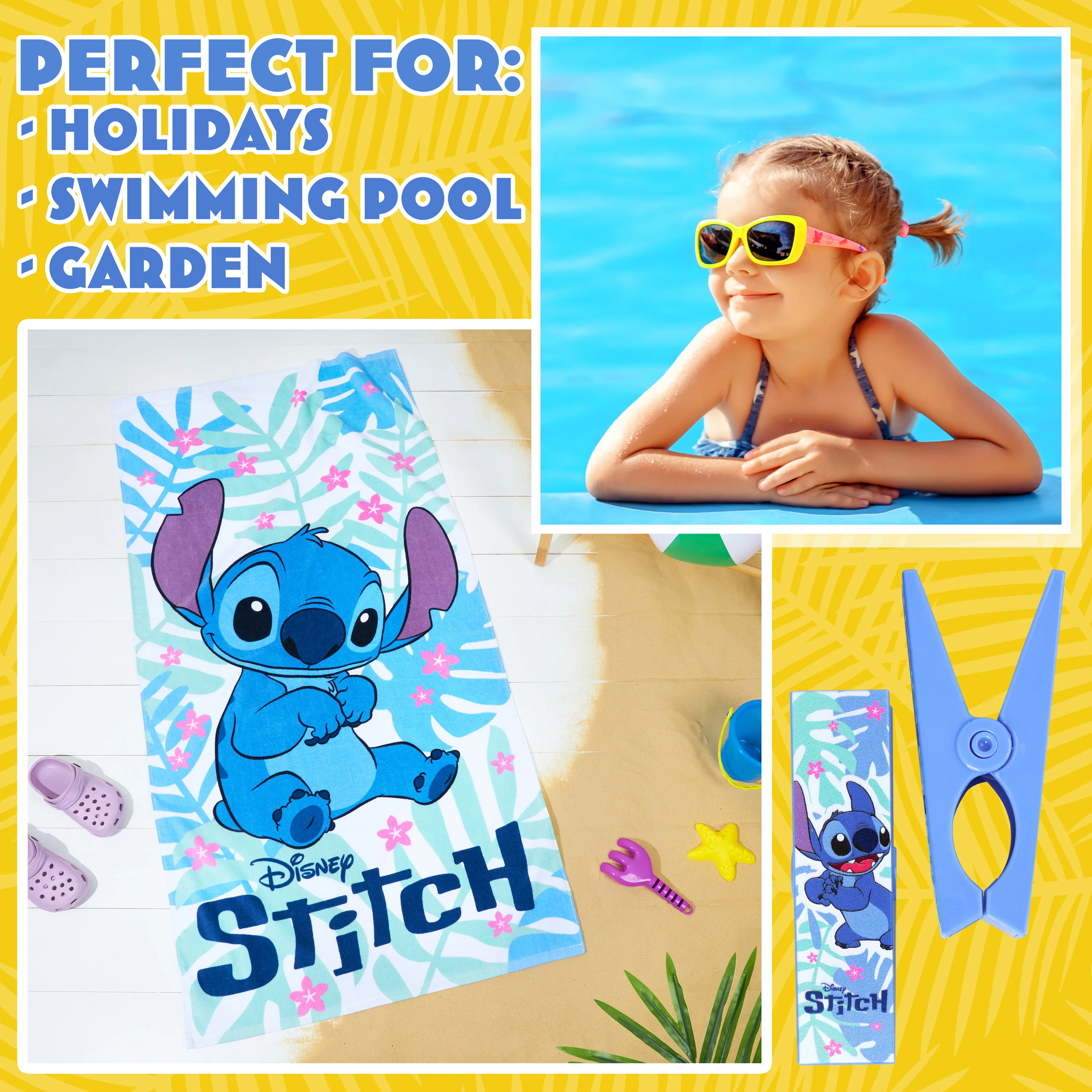 Disney Stitch Towels for Kids with 2 Pegs Clips Beach Towel Soft Absorbent Bath Shower Swimming Towel 100% Cotton Quick Dry Holiday Essentials 140x70cm - Image 2