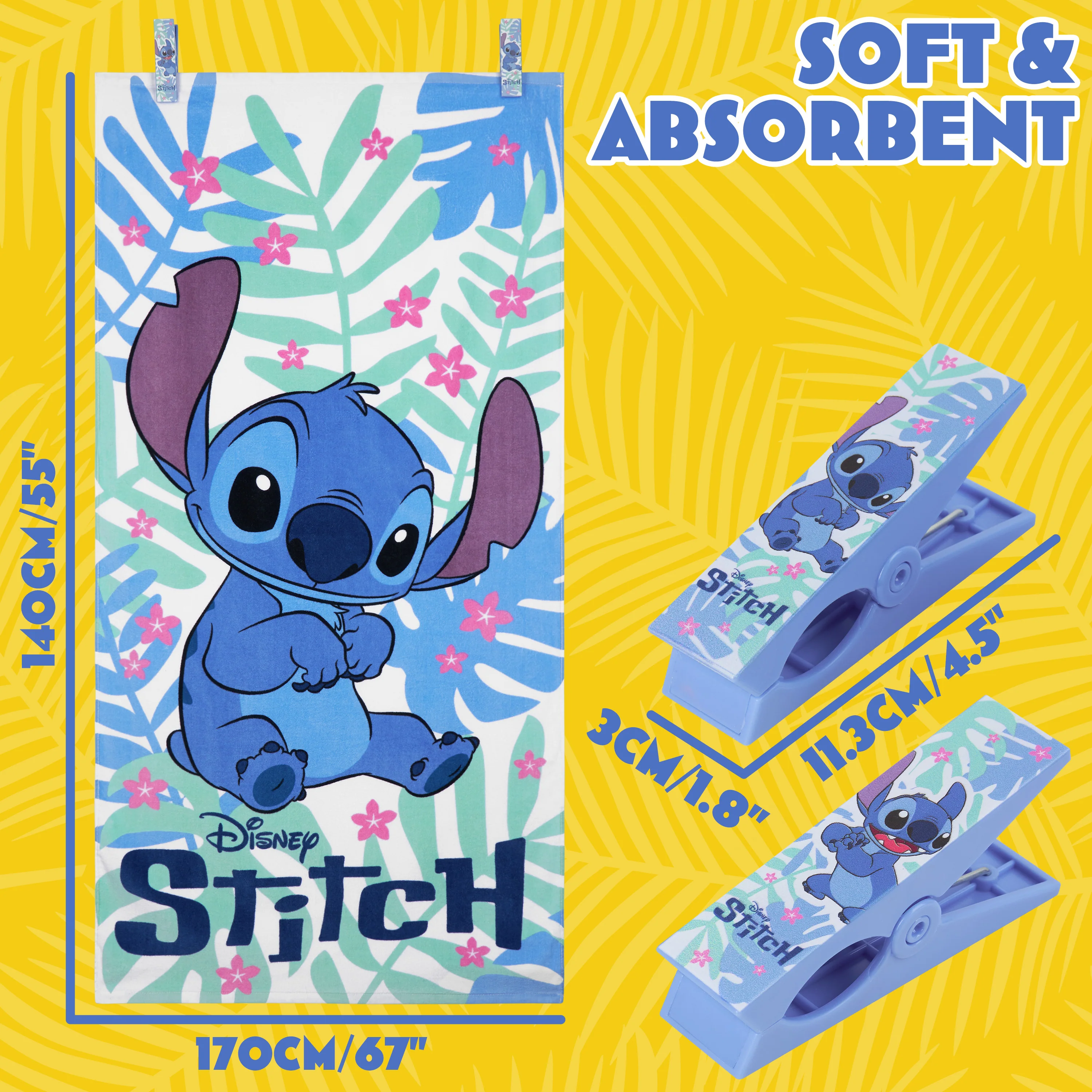 Disney Stitch Towels for Kids with 2 Pegs Clips Beach Towel Soft Absorbent Bath Shower Swimming Towel 100% Cotton Quick Dry Holiday Essentials 140x70cm - Image 6