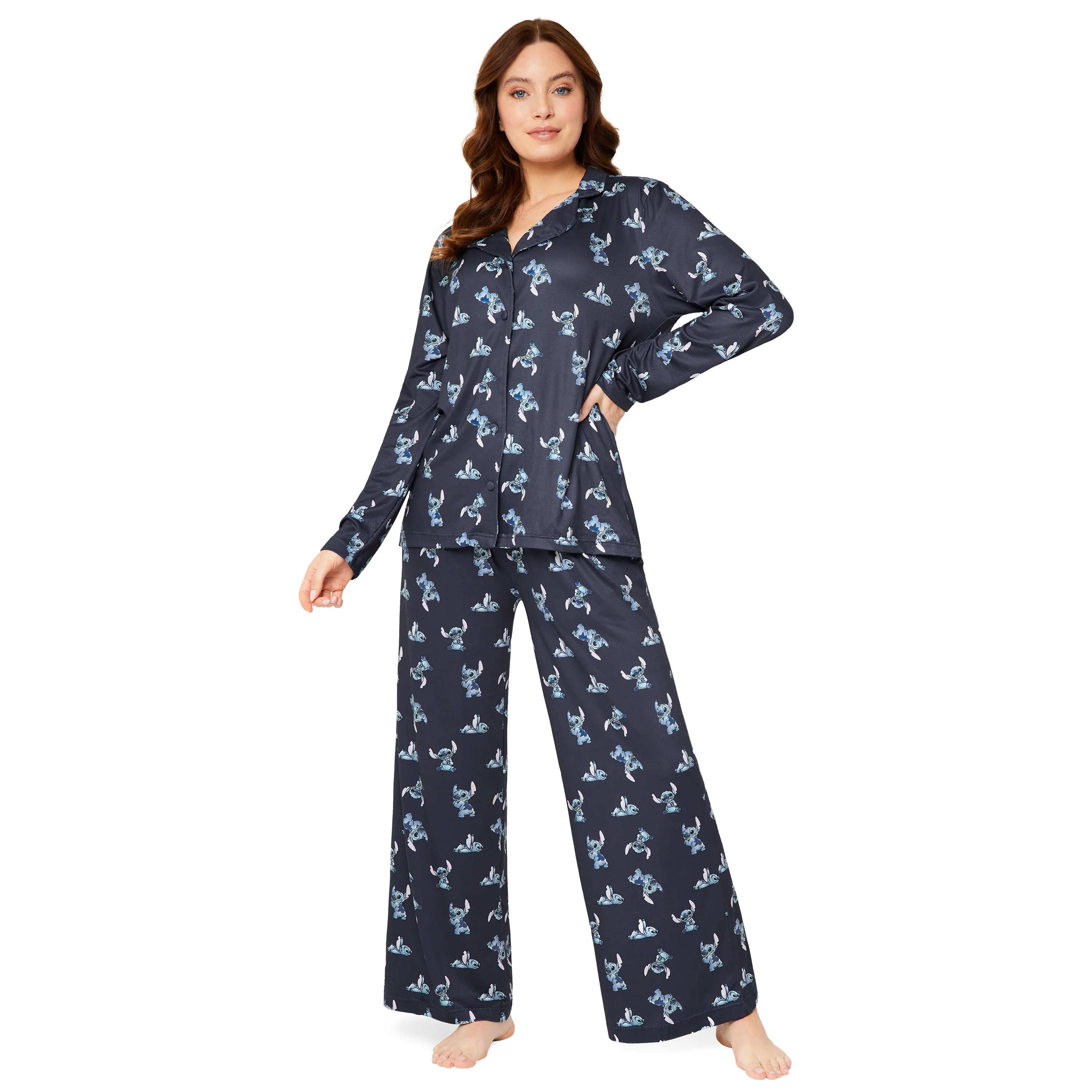 Disney Stitch Womens Pyjamas Set Nightwear Button Front Long PJs Lounge Set