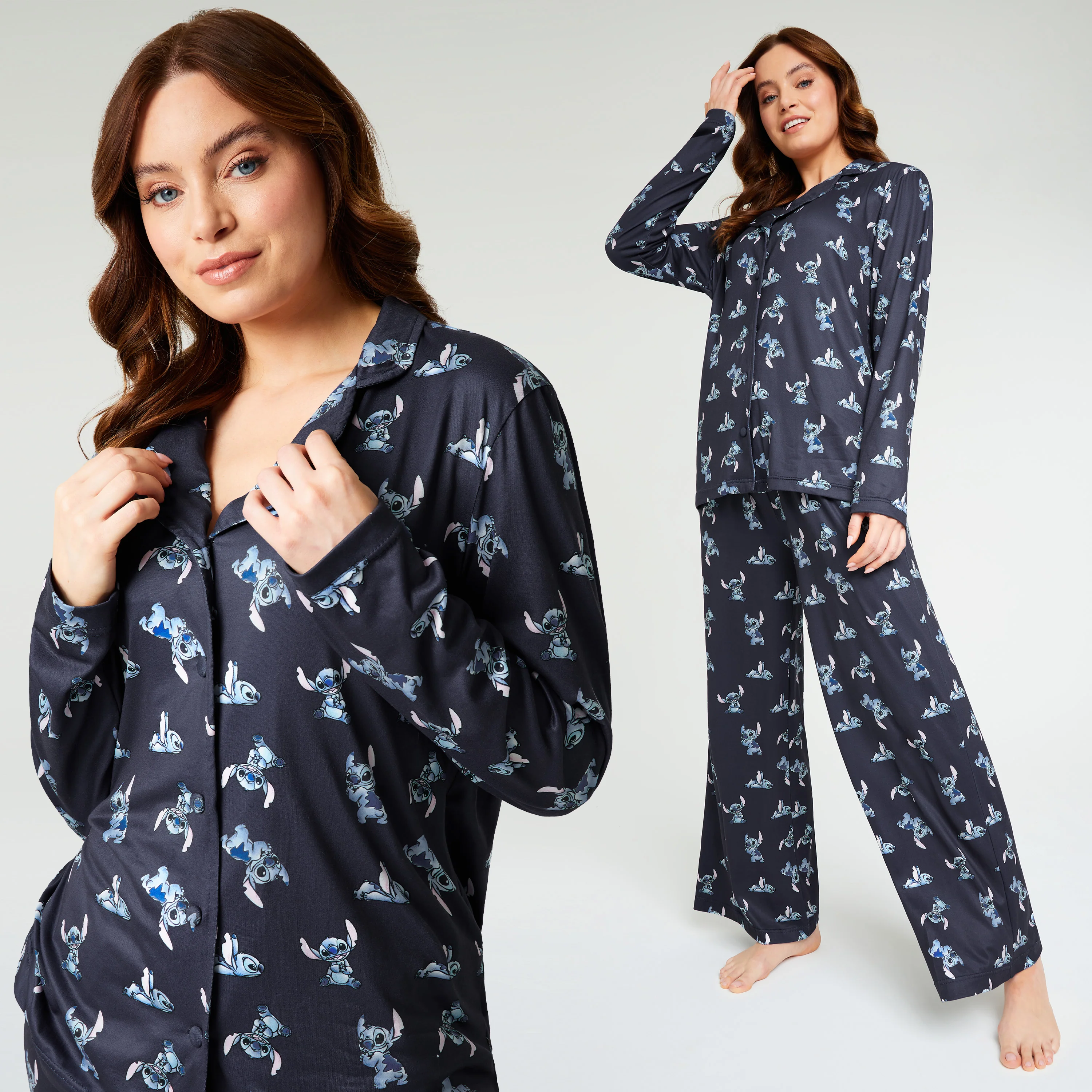 Disney Stitch Womens Pyjamas Set Nightwear Button Front Long PJs Lounge Set - Image 3