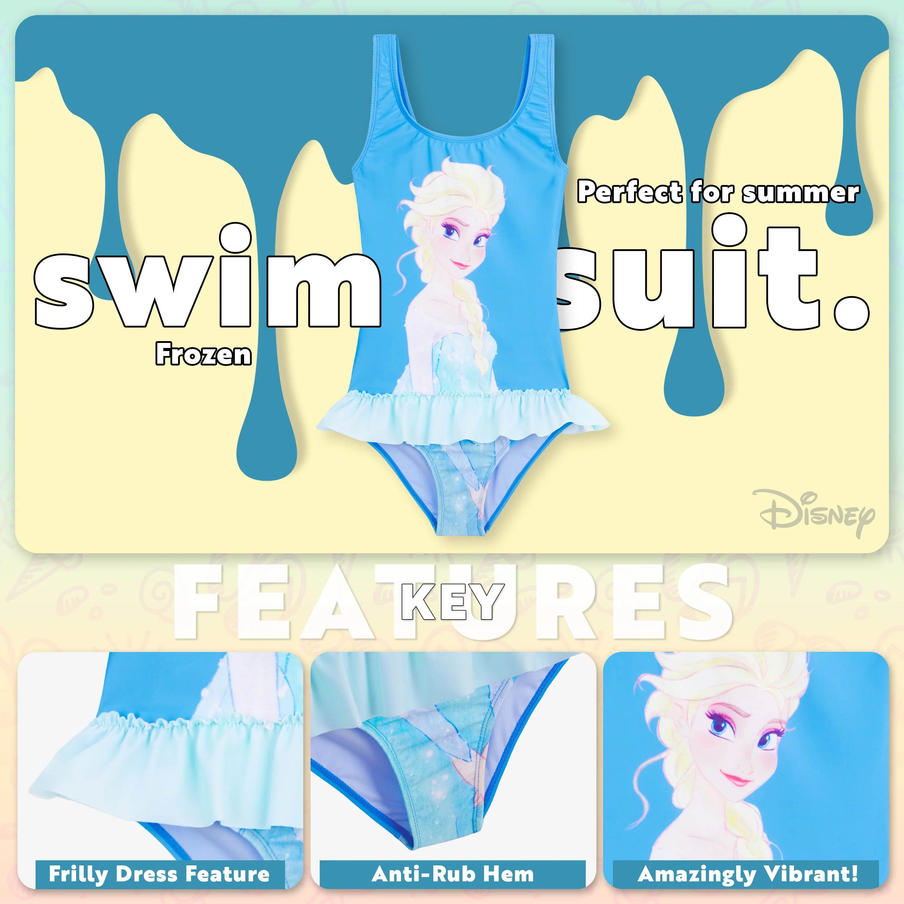 Disney Swimming Costume Girls One Piece Swimsuit - Elsa - Image 3