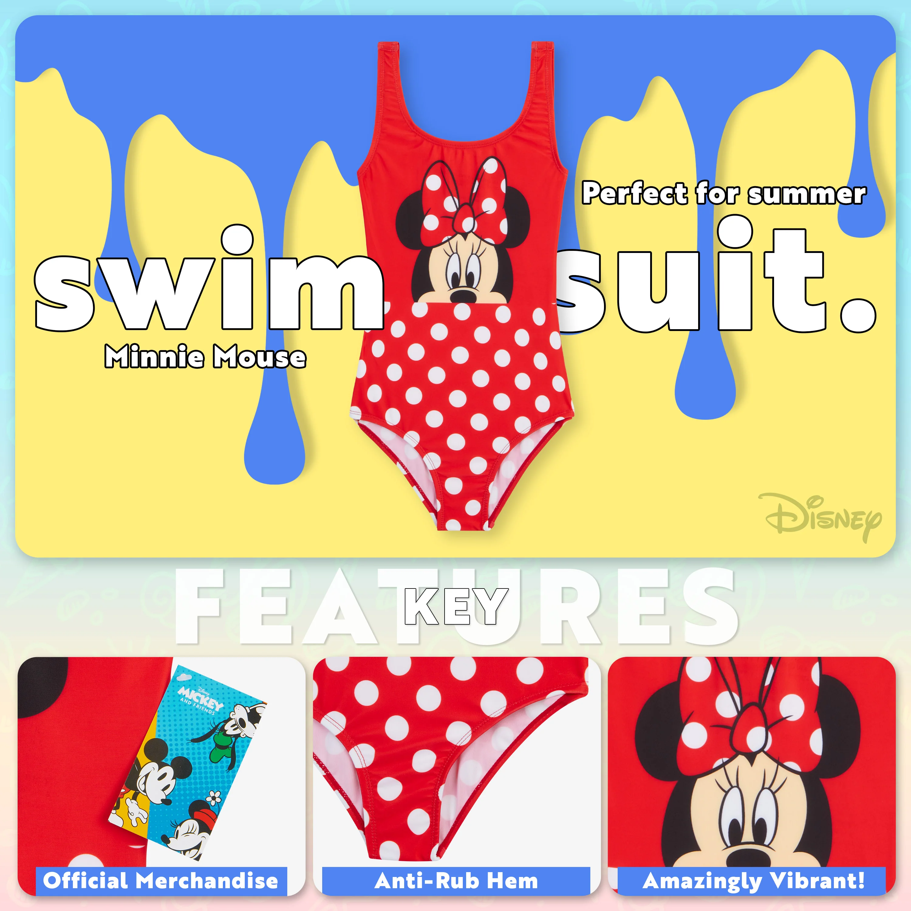 Disney Swimming Costume, Girls One Piece Swimsuit - Minnie Mouse - Image 3