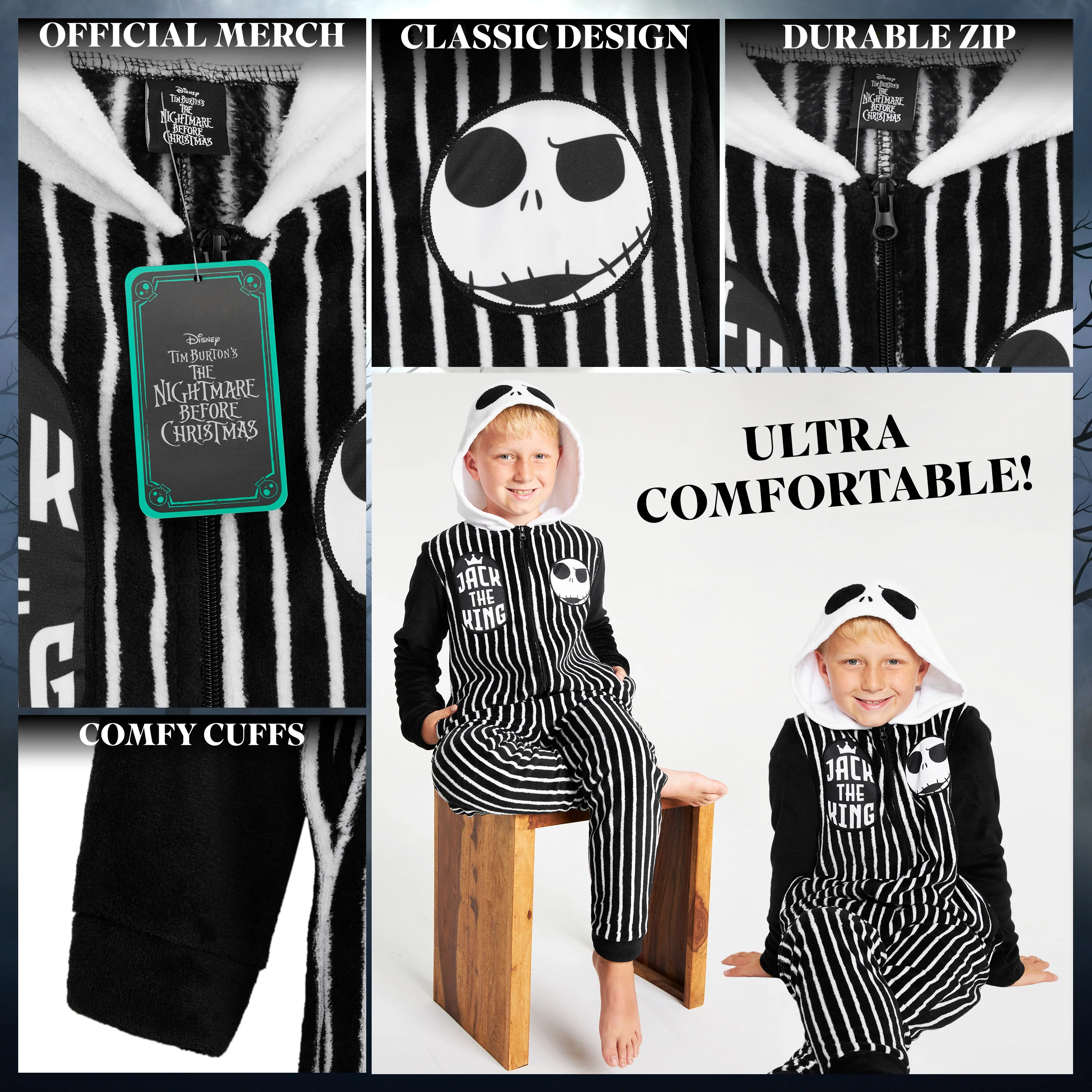 Disney The Nightmare Before Christmas Boys Fleece Onesie with Hood Cosy Loungewear -Gifts for Boys - Image 4