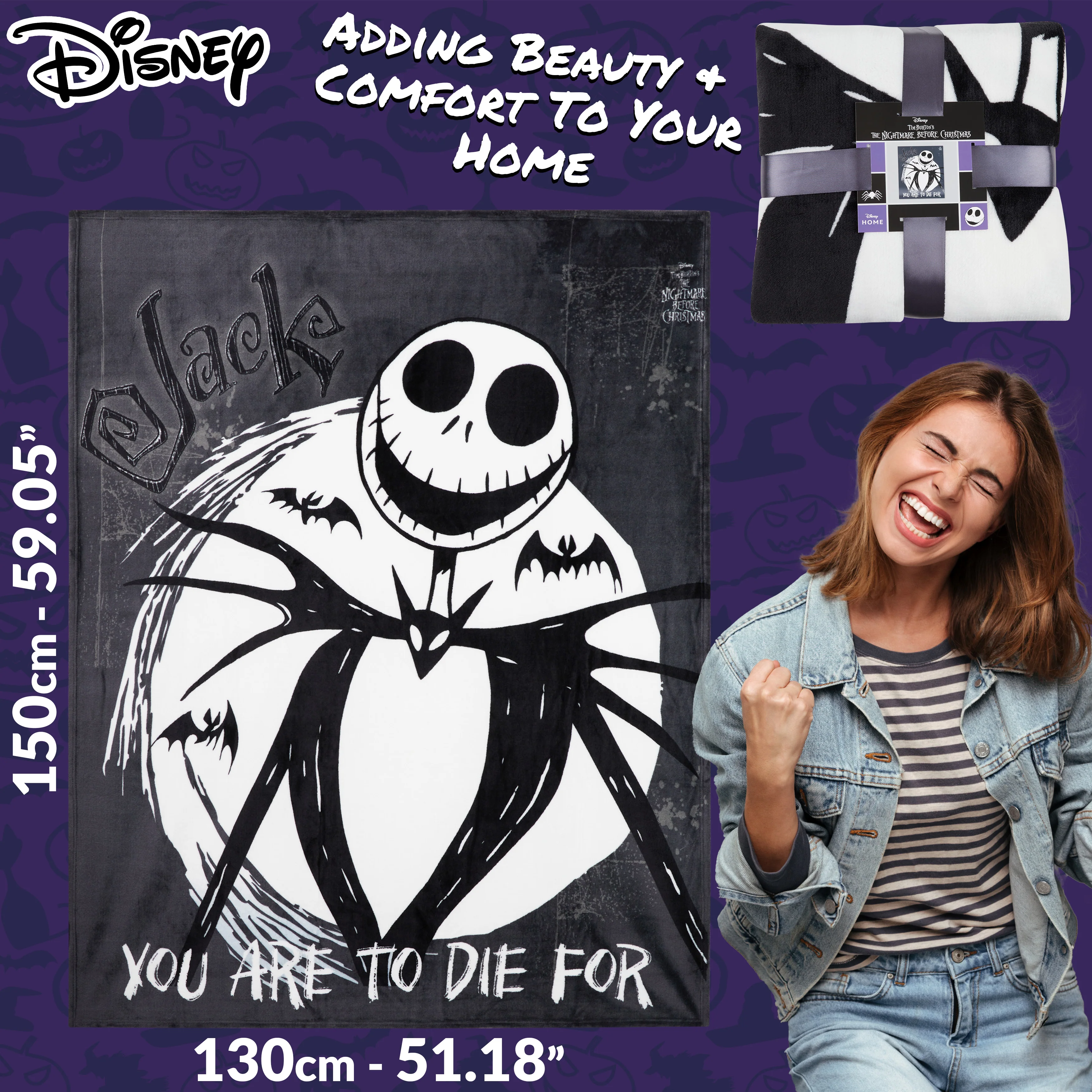 Disney The Nightmare Before Christmas Soft Fleece Bed Blanket 150 x 130cm (Black/White) - Image 6