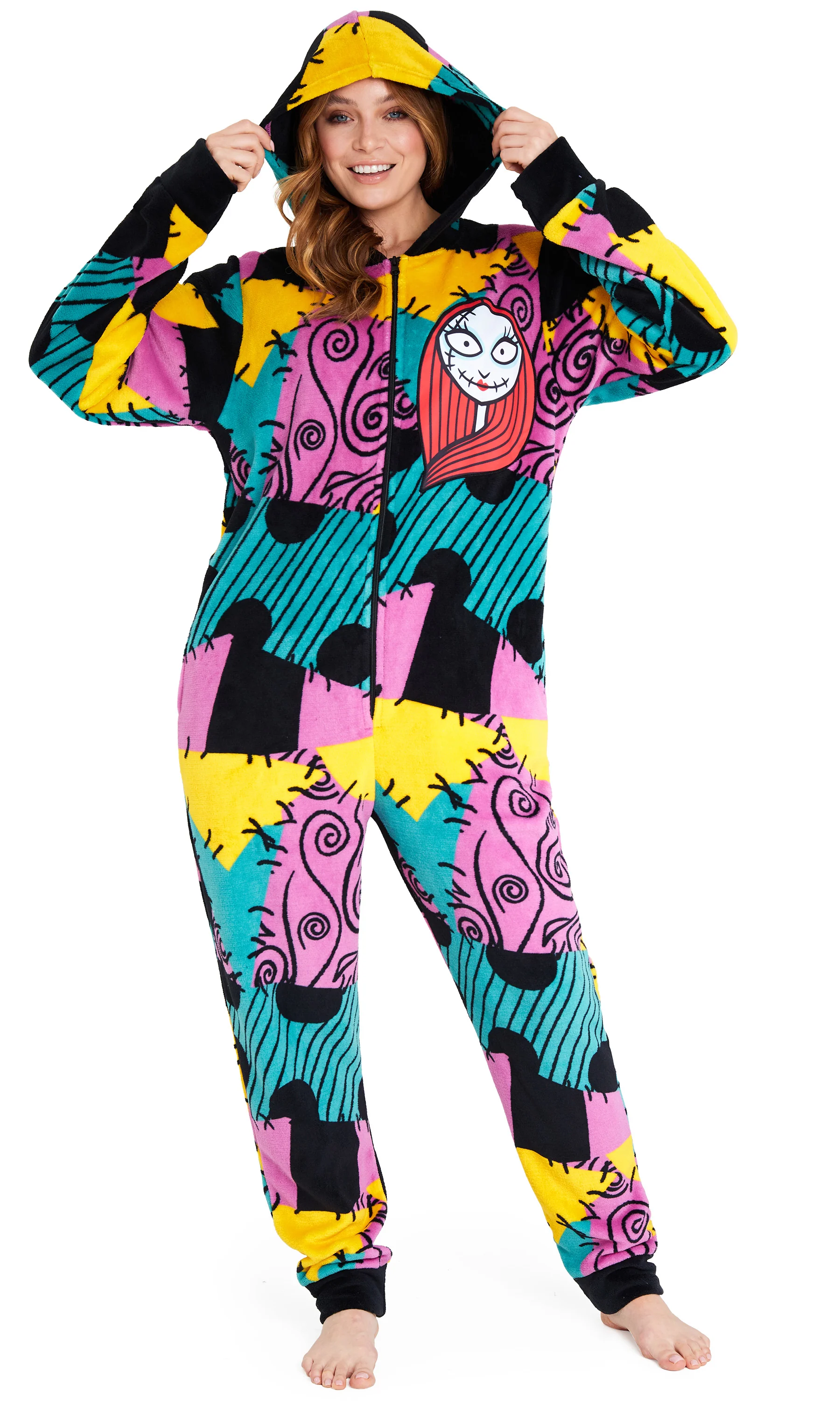 Disney The Nightmare Before Christmas Womens Fleece Onesie with Hood, Cosy Loungewear - Gifts for Her