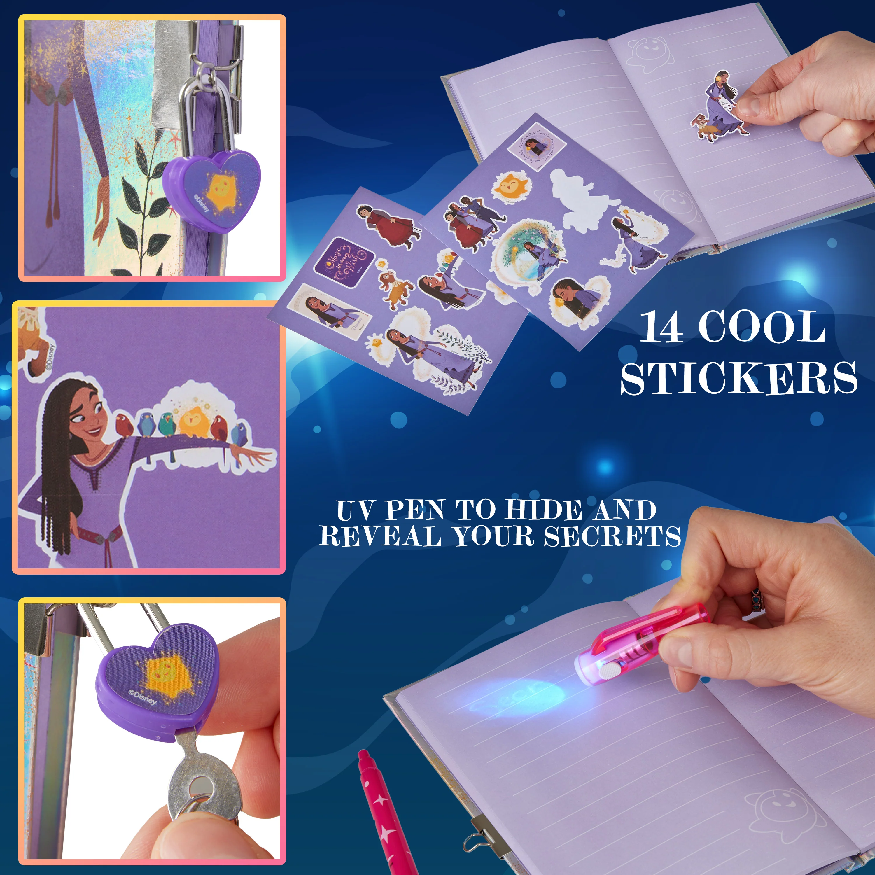 Disney Wish Diary for Girls -Girls Diary with Lock UV Invisible Ink Pen and Stickers Sheet - Image 3