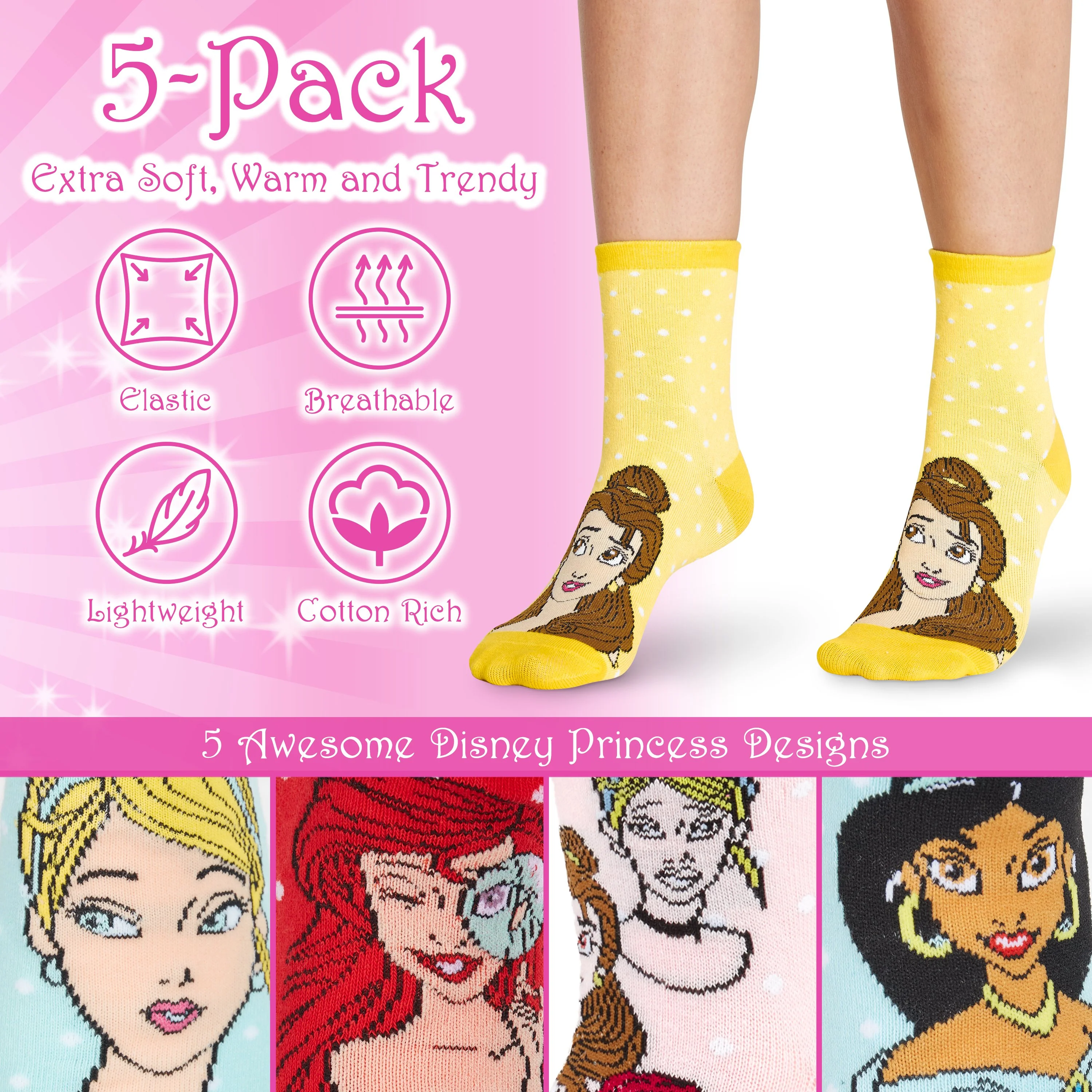 Disney Women Socks, 5 Pairs Ladies Socks Princess, Disney Princesses Gifts - Image 3
