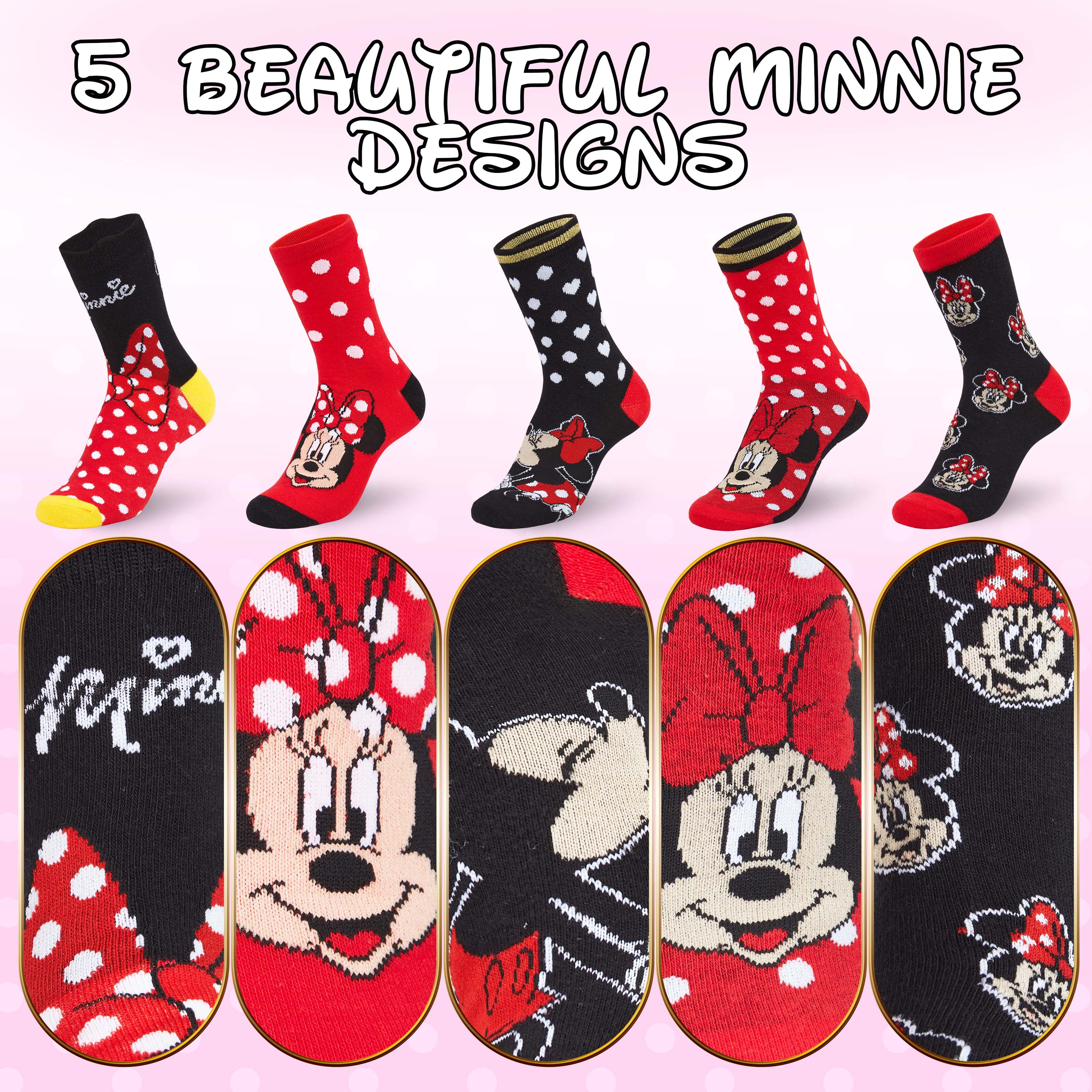 Disney Womens Socks, Red&Black 5 Pairs Minnie & Mickey Ladies Socks - Image 4